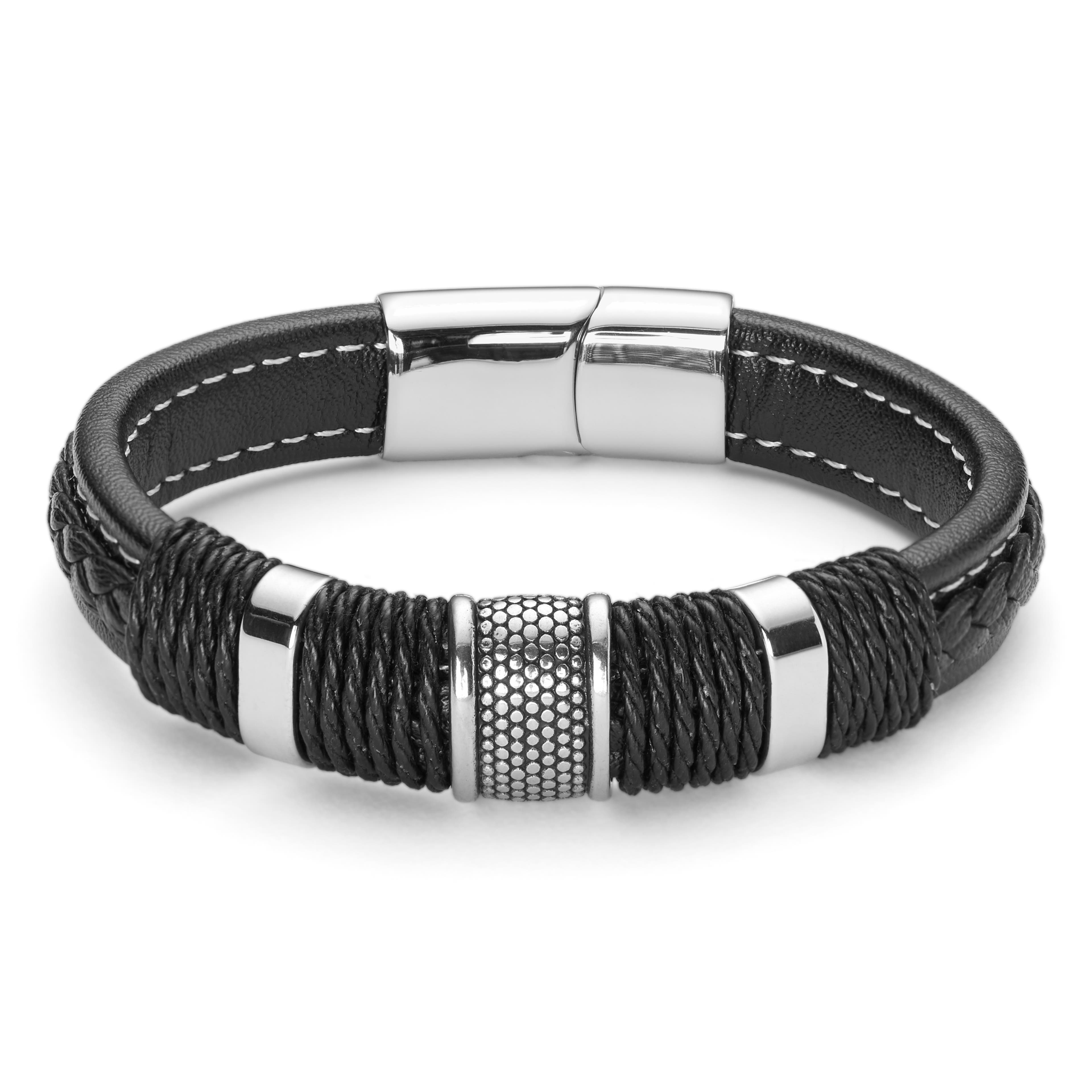 Bracelet homme cuir noir tressé fermoir acier mat avec plaque ovale acier  au dos