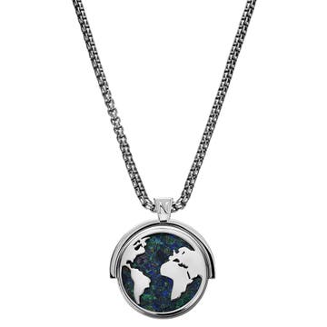 Atlas | Silverfärgat Halsband i Rostfritt Stål med Roterande Hängsmycke Världskarta i Azurmalakit