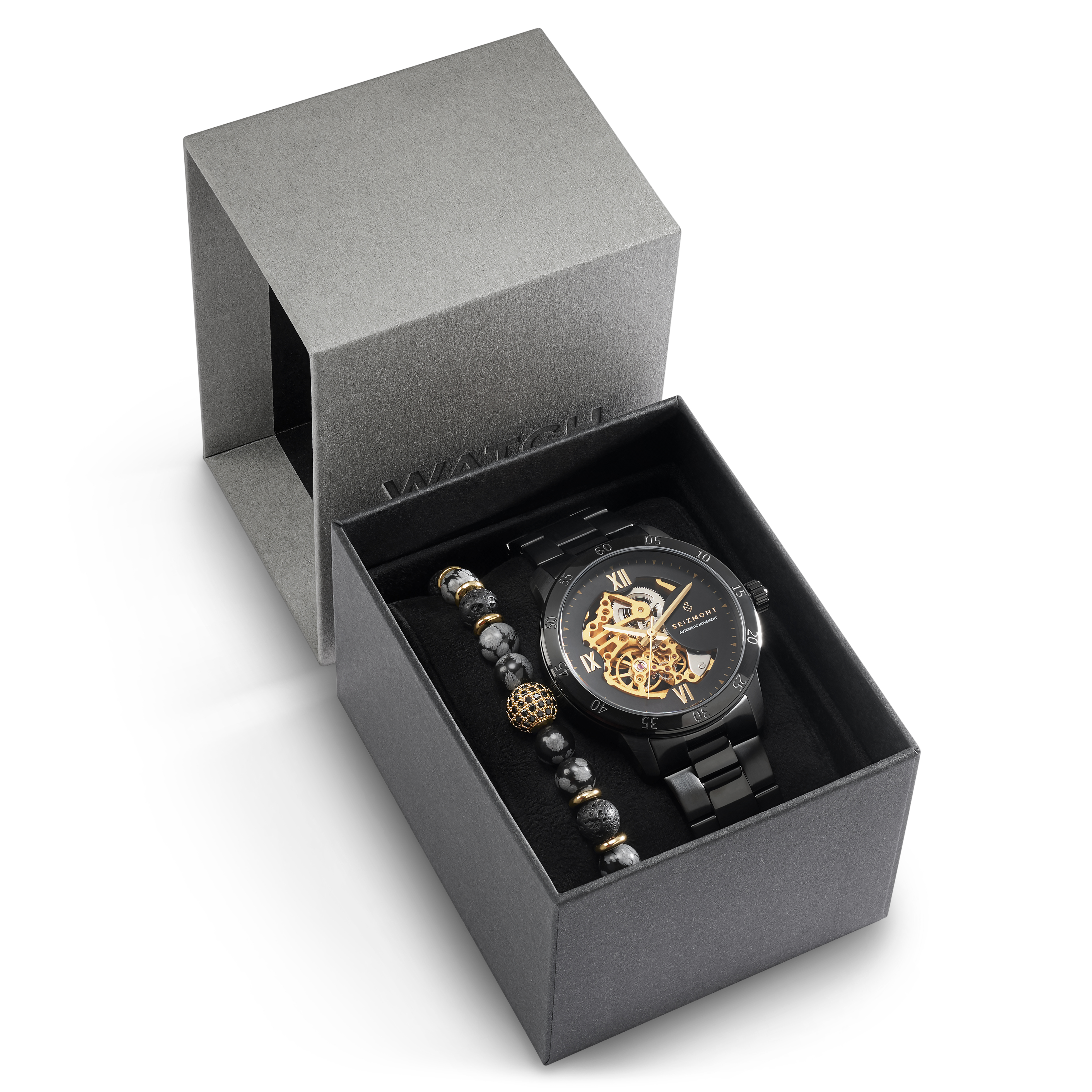 Sort & Guldfarvet Automatisk Skelet Ur og Lavasten & Alabast Armbånd Gaveæske - 1
