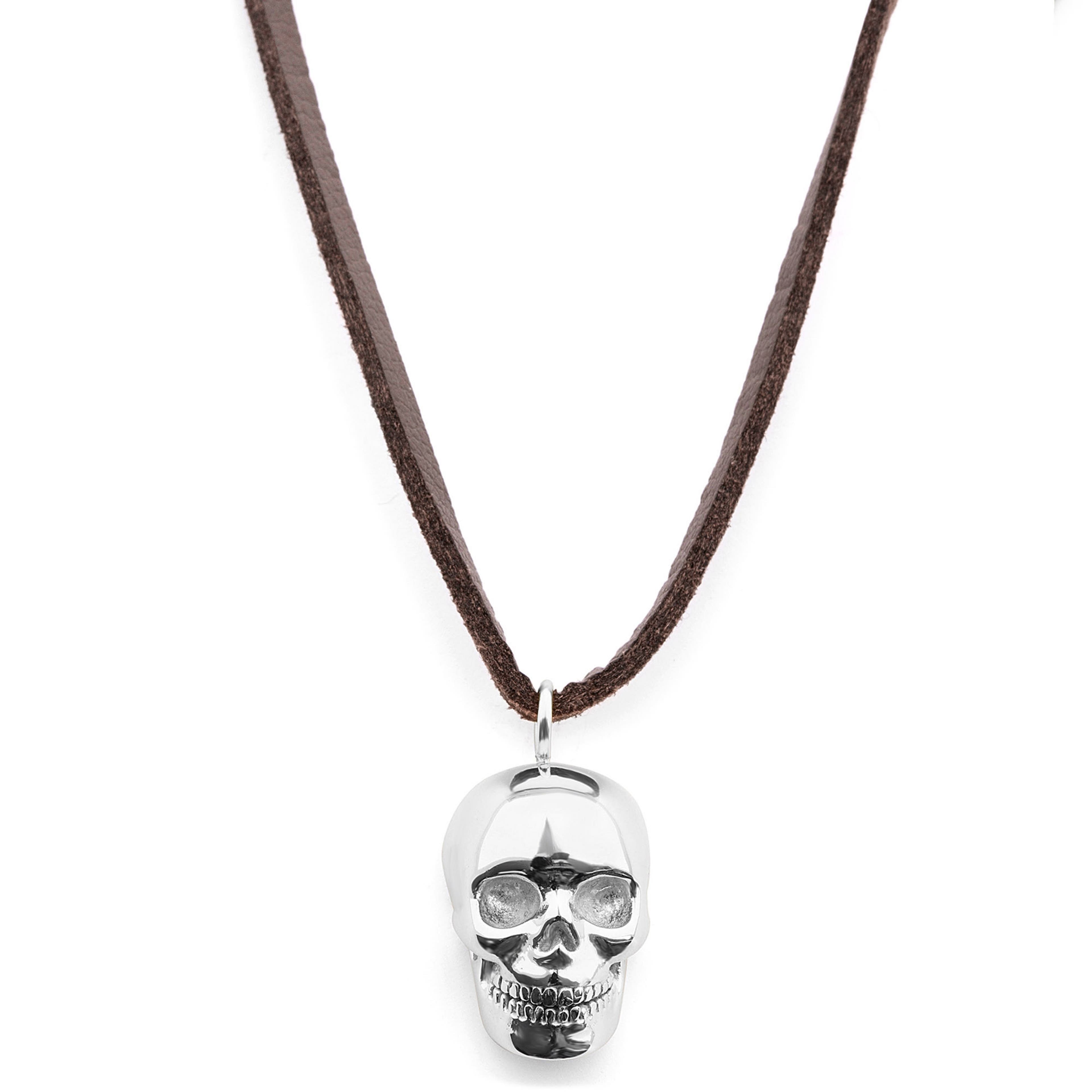 Skórzany naszyjnik z motywem czaszki w srebrnym tonie