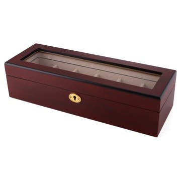 Lockable Gold-Tone & Cherry Wood Watch Case - 6 Watches
