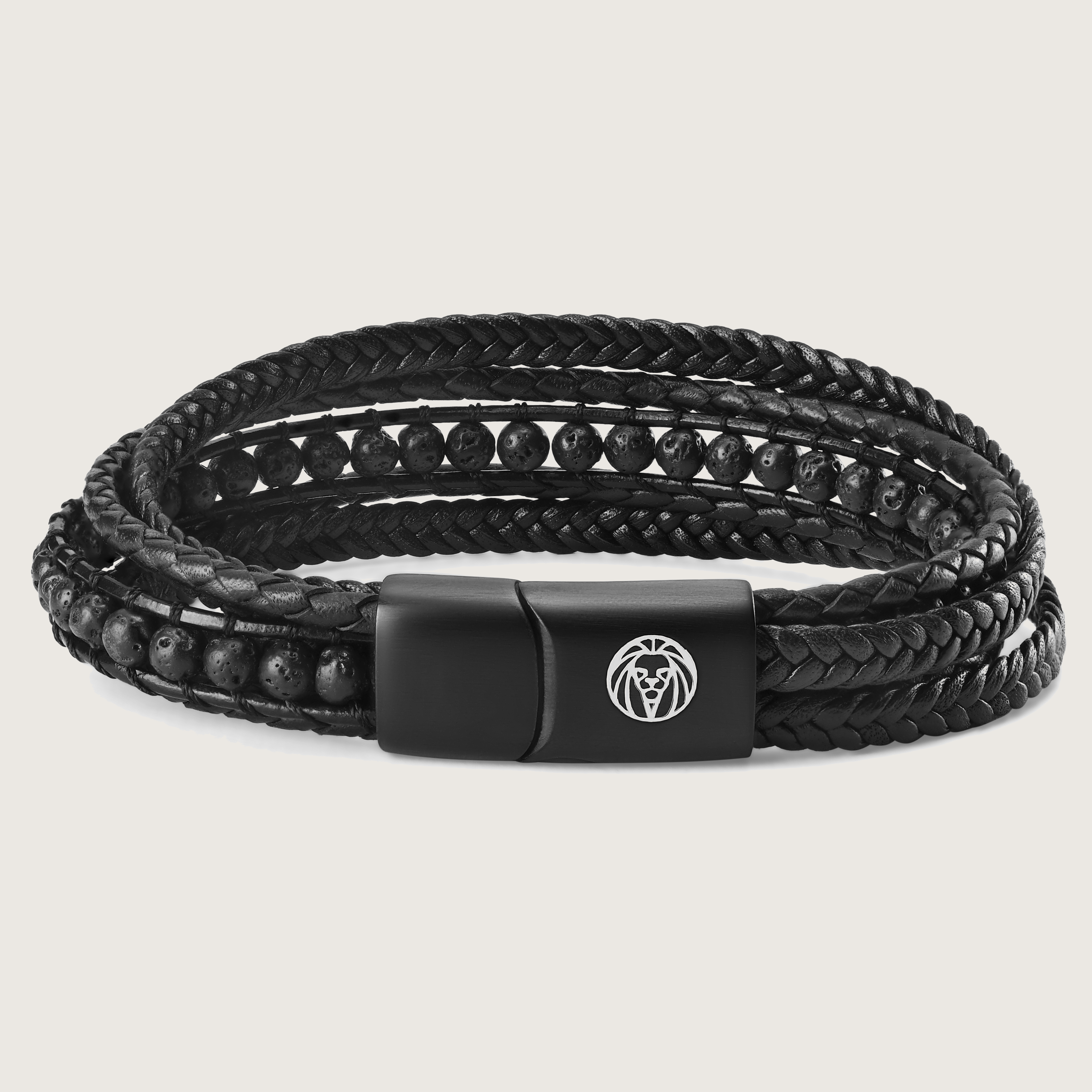 Naxos | Black Braided Leather & Lava Rock Bracelet | In stock