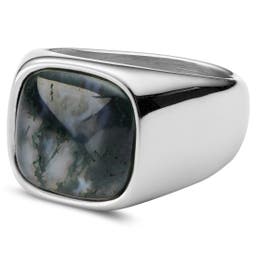 Aras | Silver-tone Stainless Steel Moss Agate Pinky Signet Ring