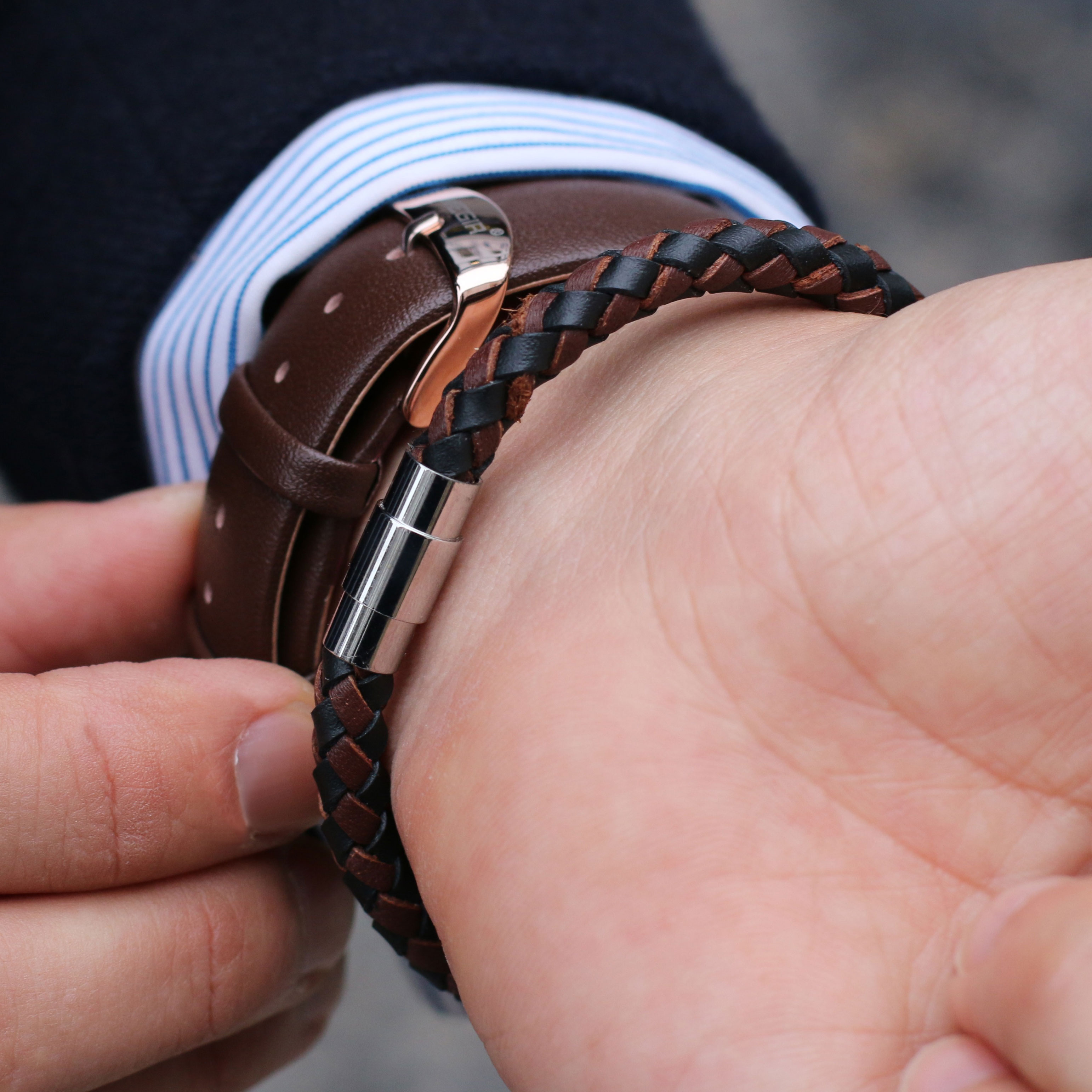 Pulsera de cuero trenzado marrón y negra - 3