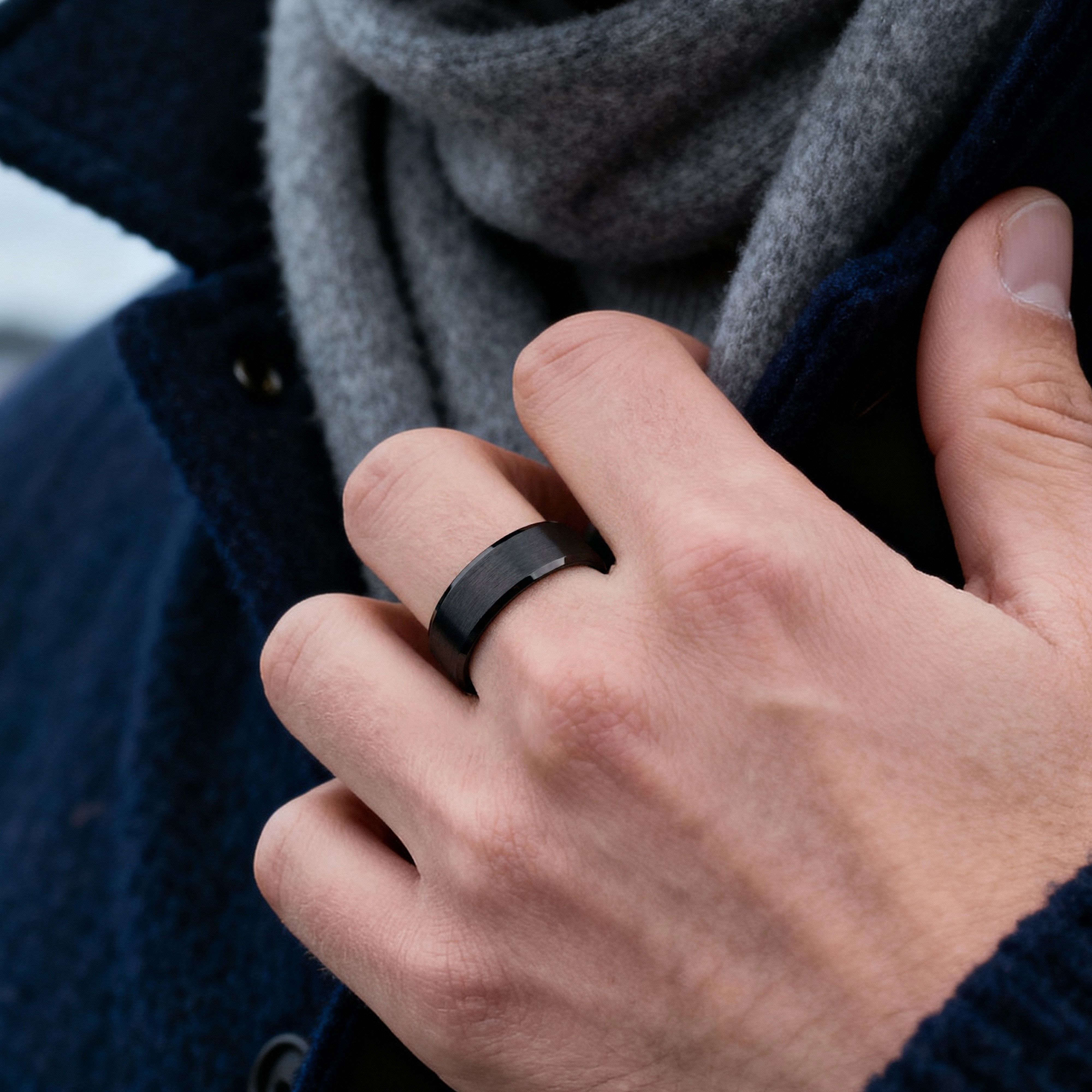 Terra | 8 mm Black and Blue Bevelled Edge Tungsten Carbide Ring - 3