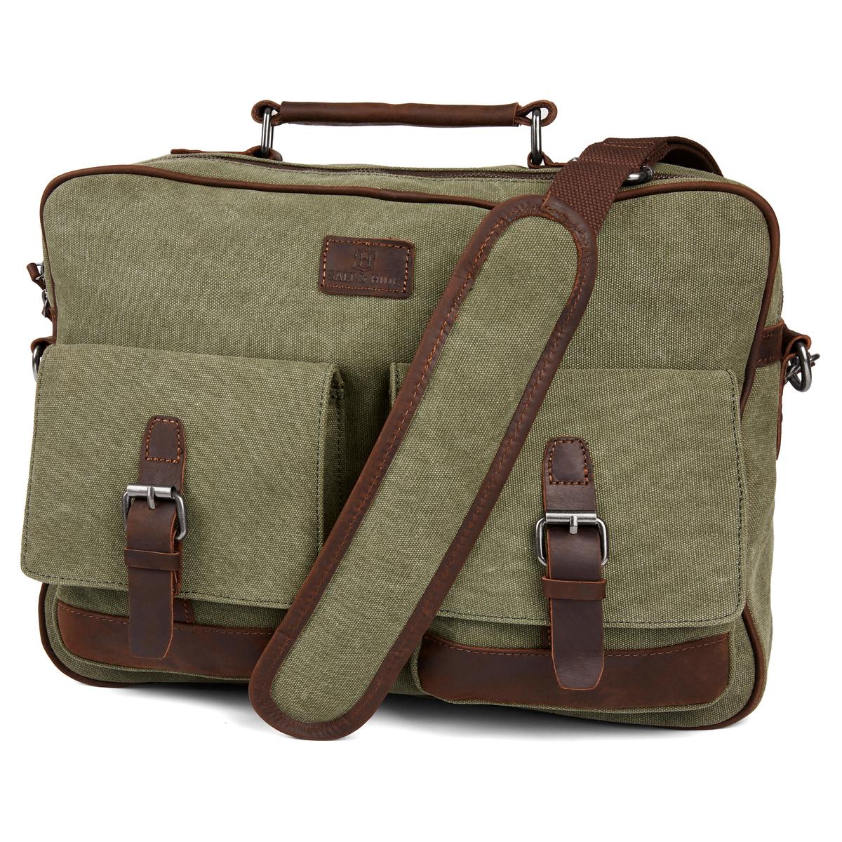 Tarpa Olive Green Dark Brown Canvas Messenger Bag In stock