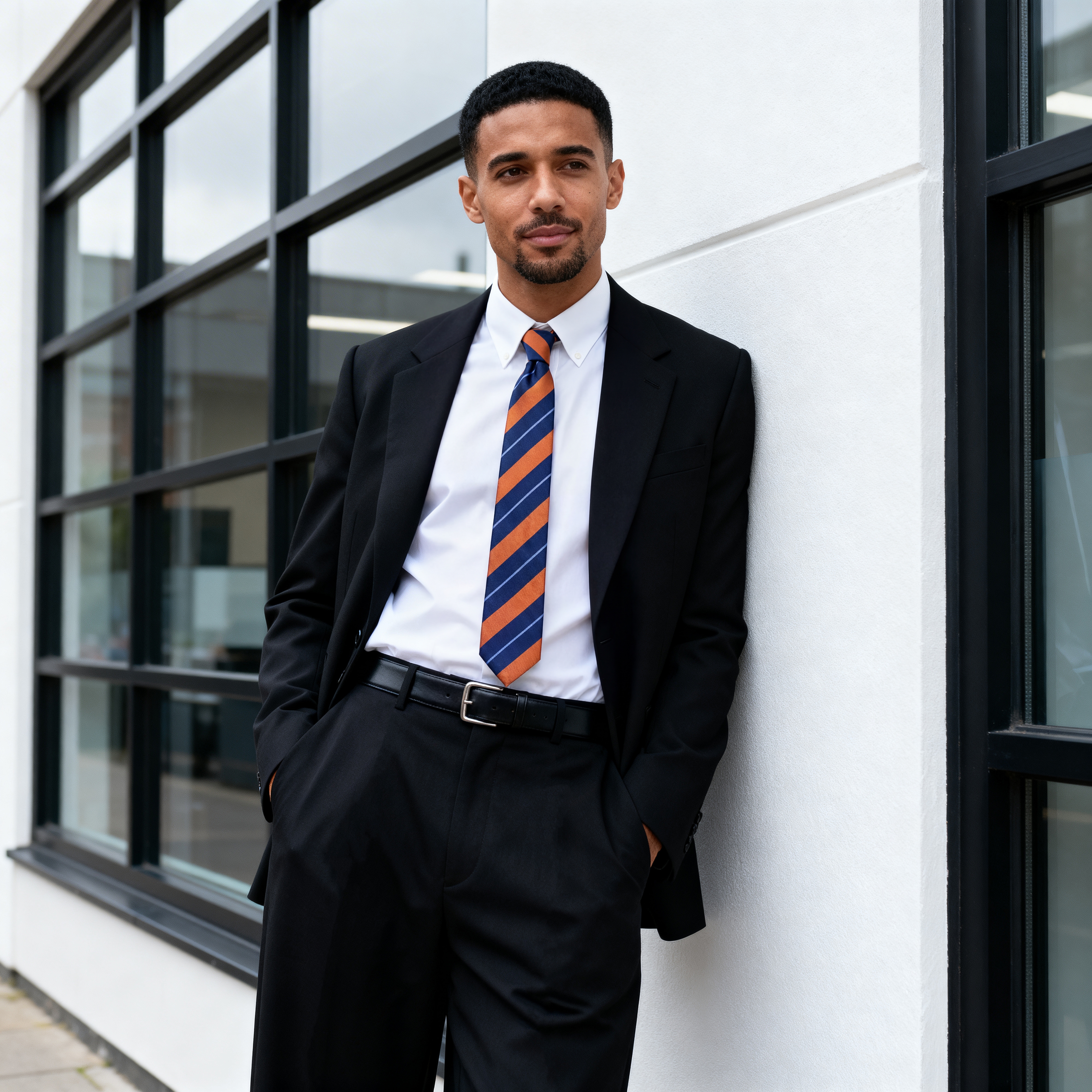 Oranje en Marineblauw Gestreepte 8 cm Brede Zijden Stropdas met Pastelblauw Accent - 3