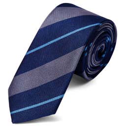 Cravate en soie à rayures grises, bleu marine et bleu ciel