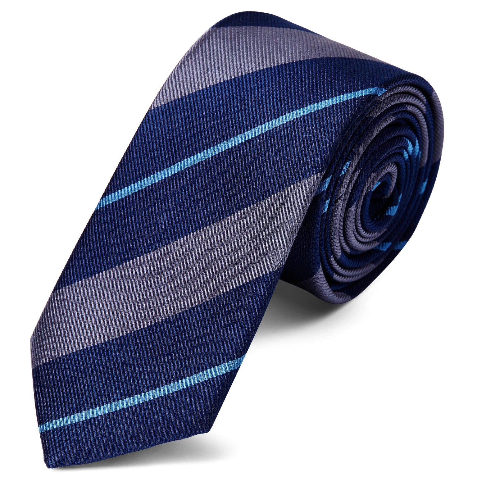 Navy, Light Blue & Grey Striped Silk Tie Navy, Light Blue & Grey Striped Silk Tie