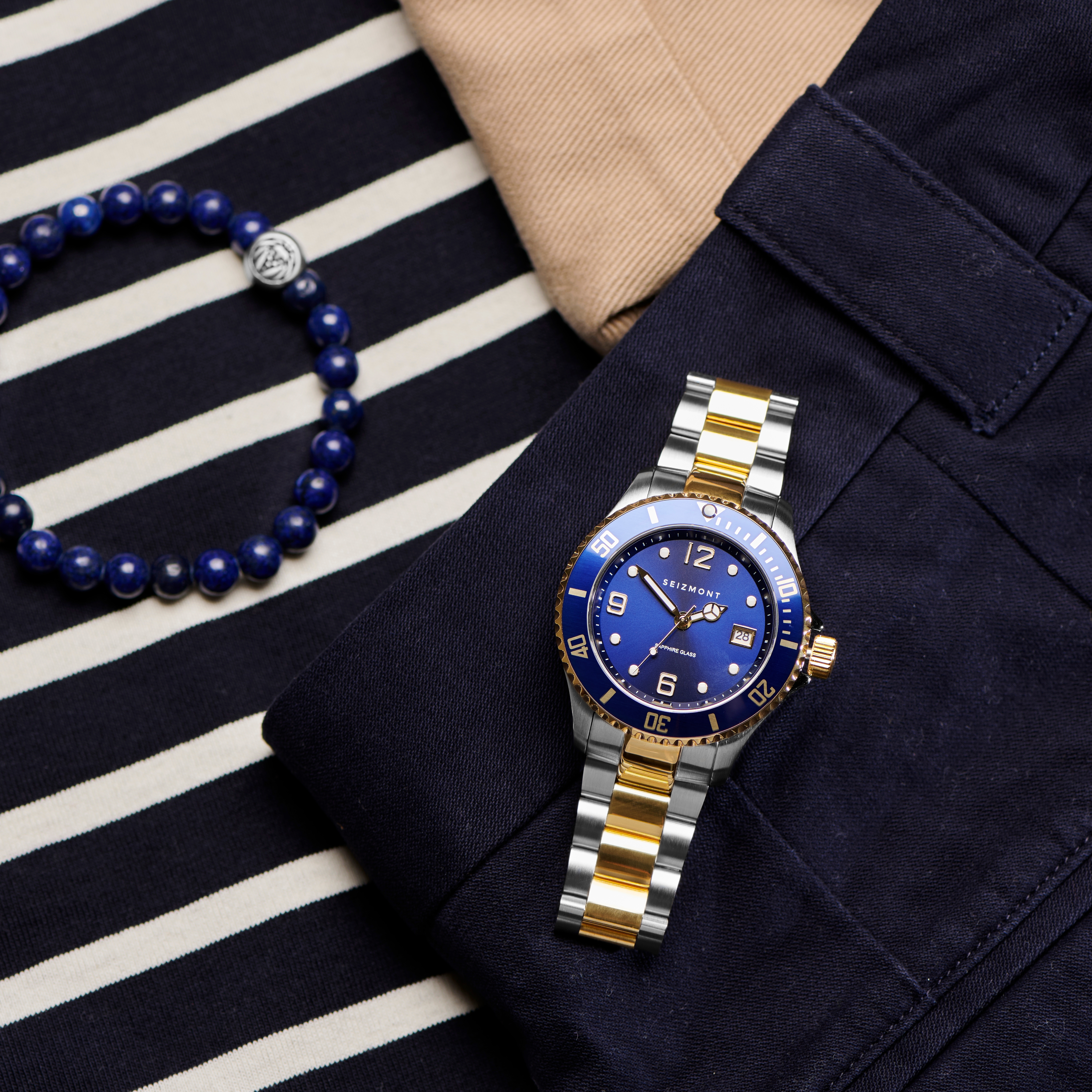 David Tide Watch & Dark-Blue Agate Stone Bracelet Set  - 1