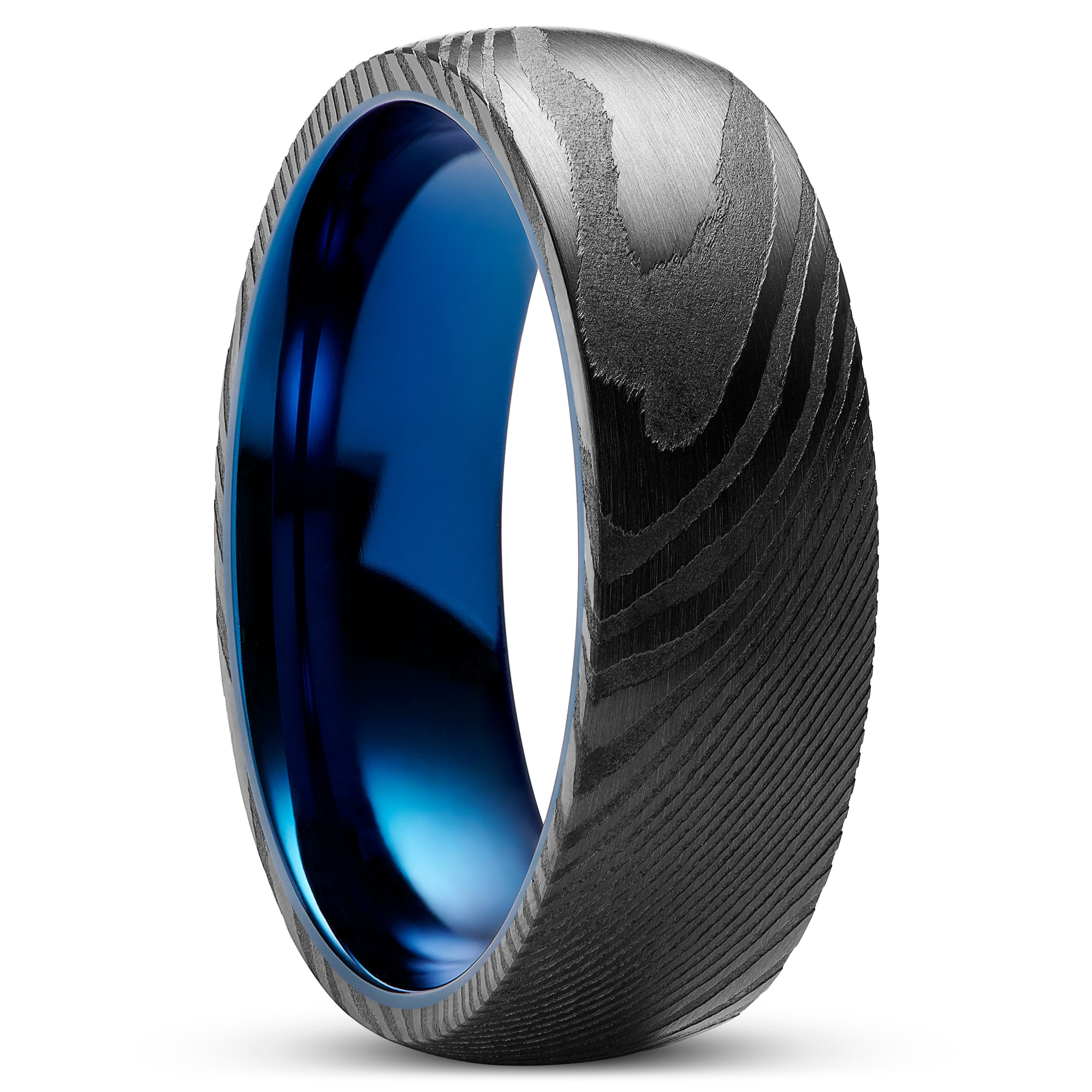Fortis | 7 mm Gunmetal Damascus Steel With Blue Titanium Inlay Ring
