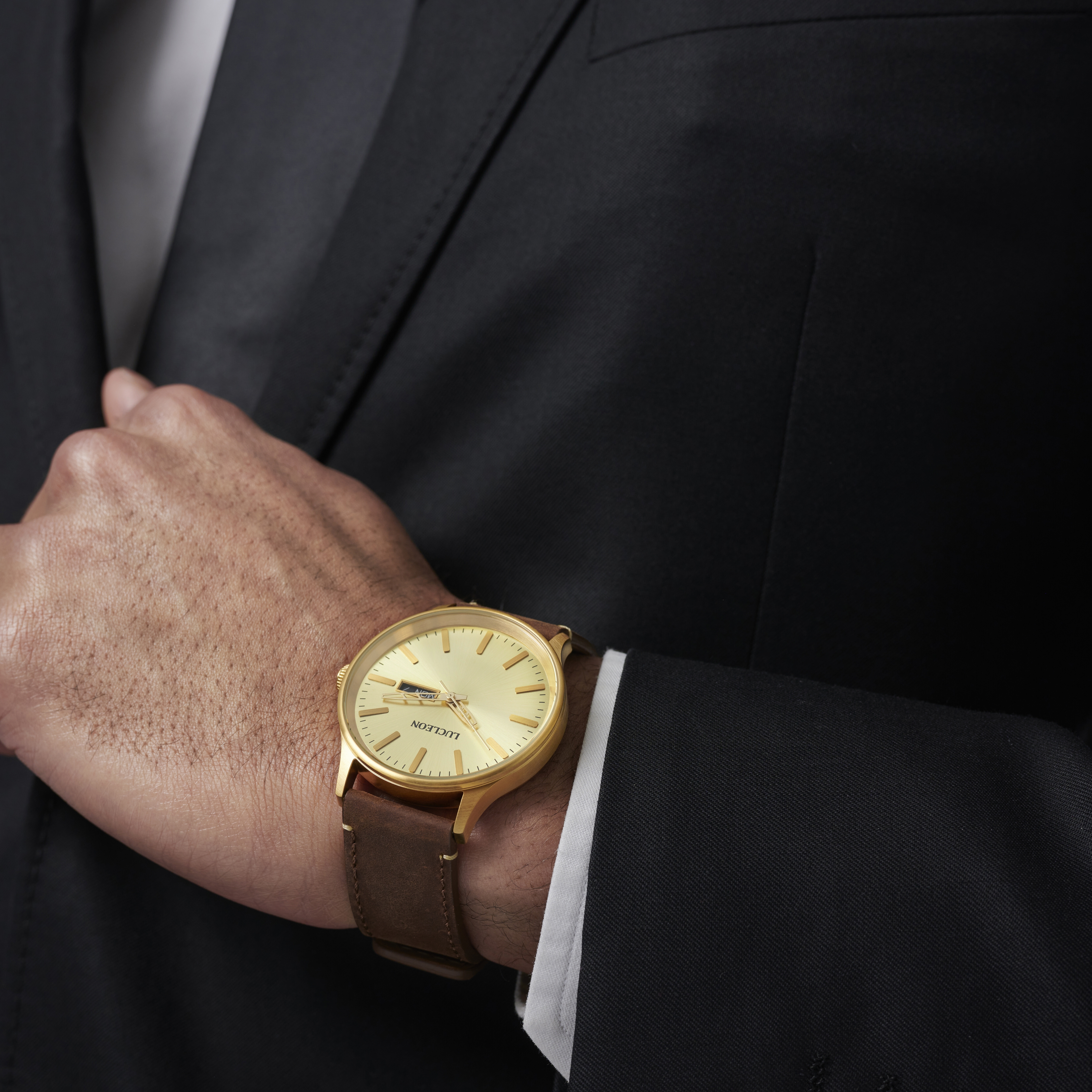 Grover | Gold-Tone Day-Date Watch With Gold-Tone Dial & Brown Leather Strap - 6