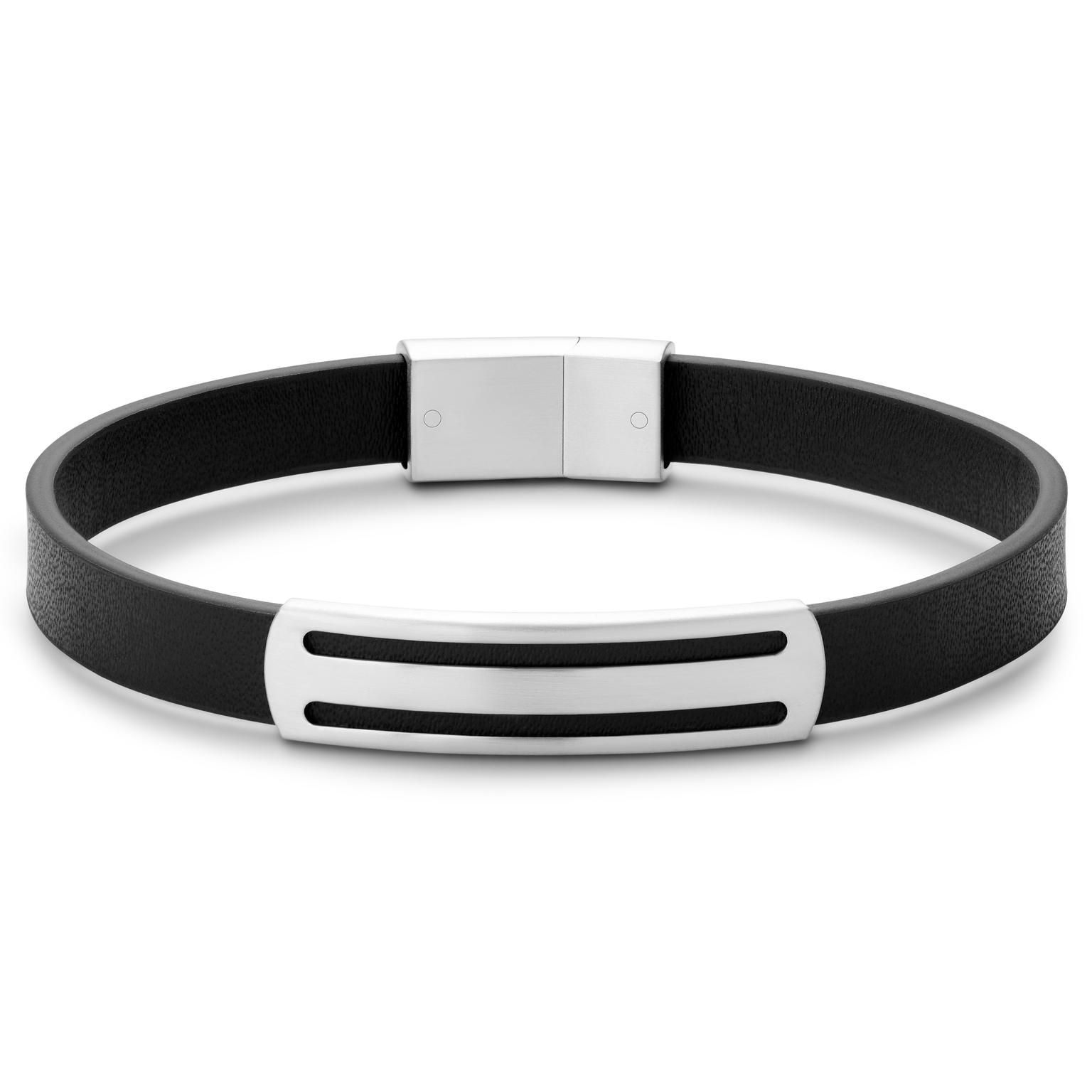 Nomen | Silver-tone and Black Leather Striped ID Bracelet Nomen | Silver-tone and Black Leather Striped ID Bracelet