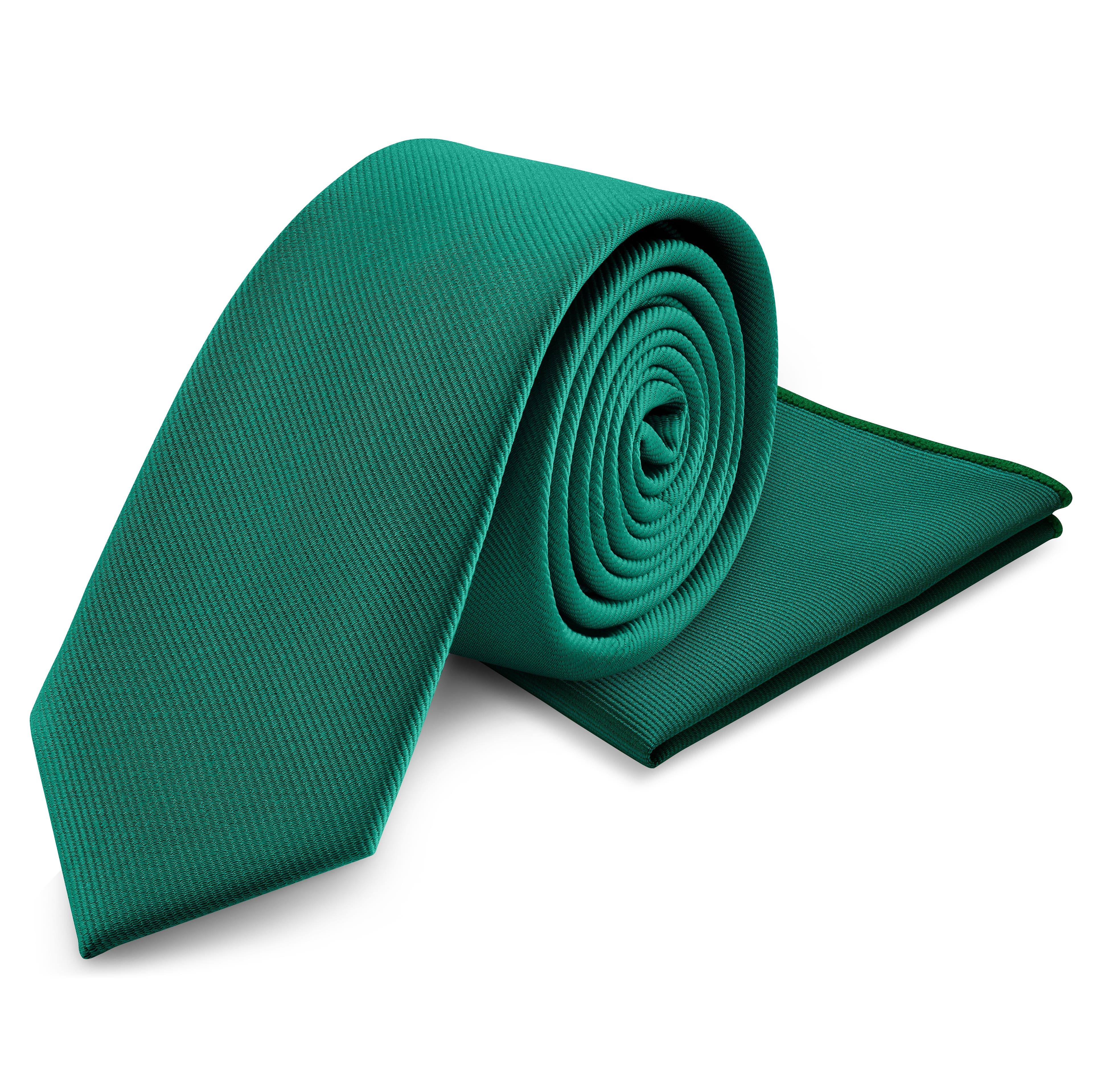 Изумруденозелен комплект вратовръзка и кърпичка за сако
