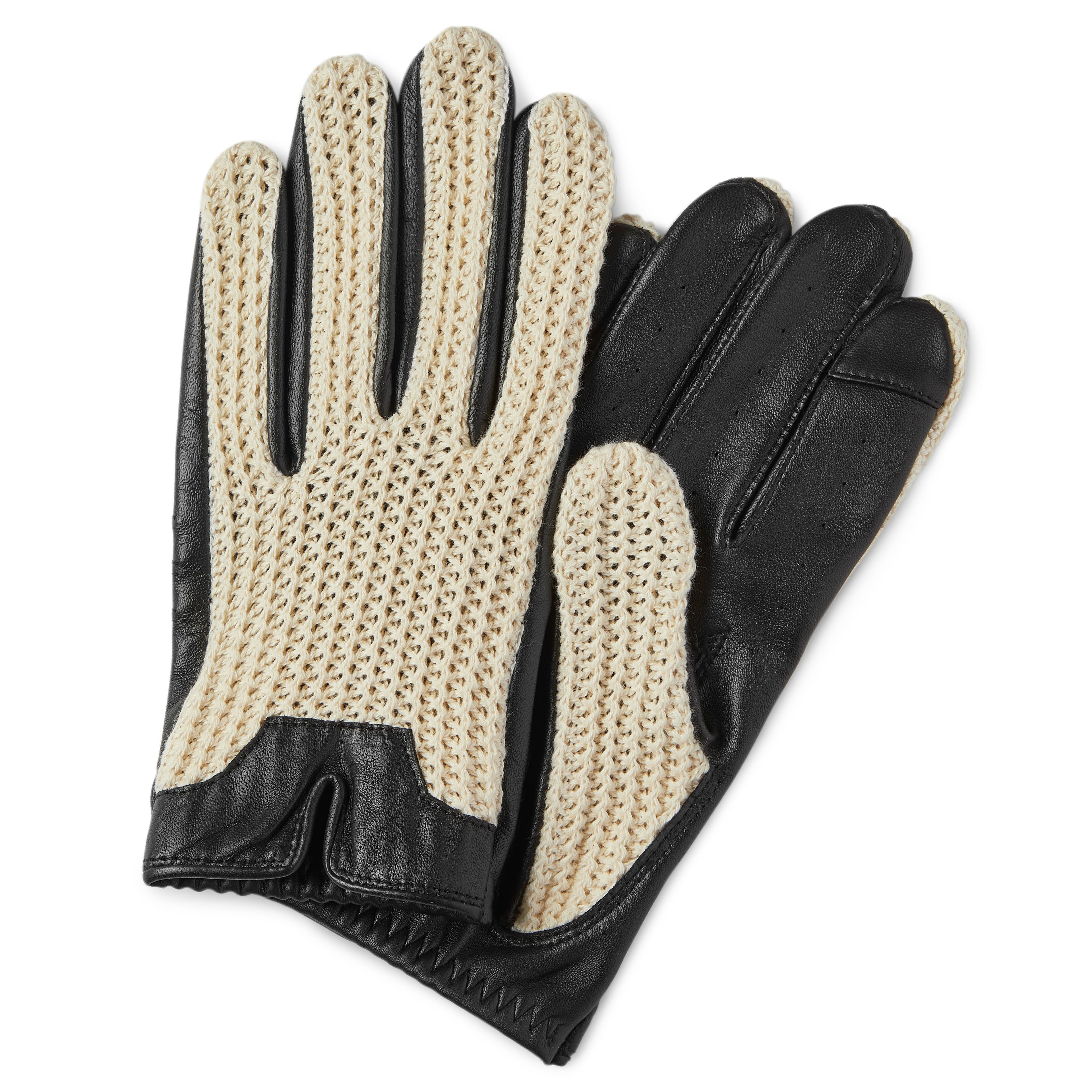 Black & Ivory Sheepskin Leather Touchscreen Driving Gloves
