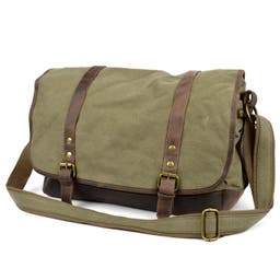 Vintage messenger taška cez rameno z vojenského zeleného plátna a kože