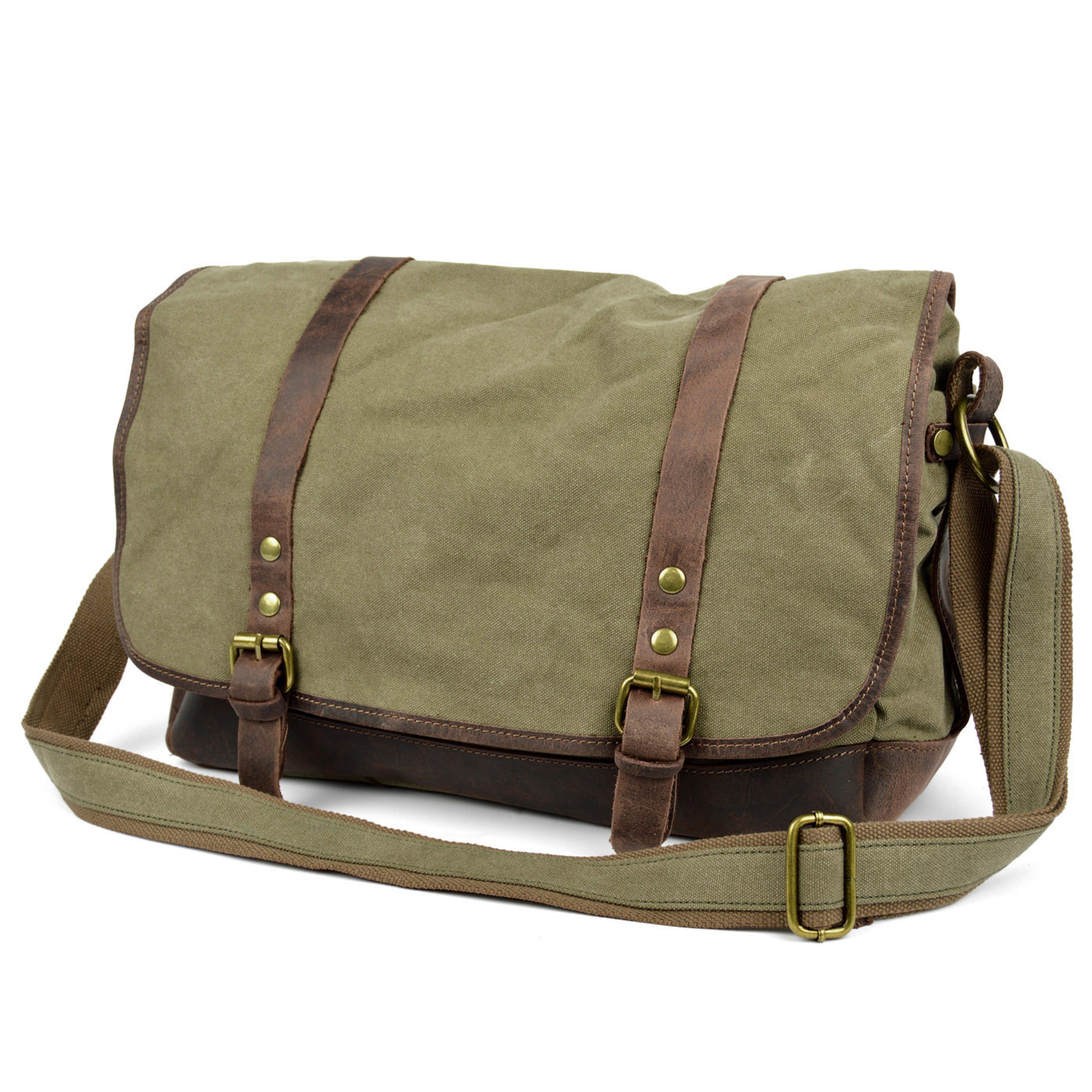 Vintage-Style Army Green Canvas & Leather Messenger Bag