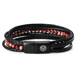 Bracelet Naxos en cuir noir et perles de jaspe impérial rouge