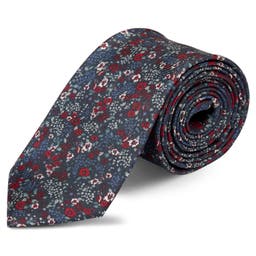 Boho | Deep Blue, Red & White Floral Pattern Silk Tie