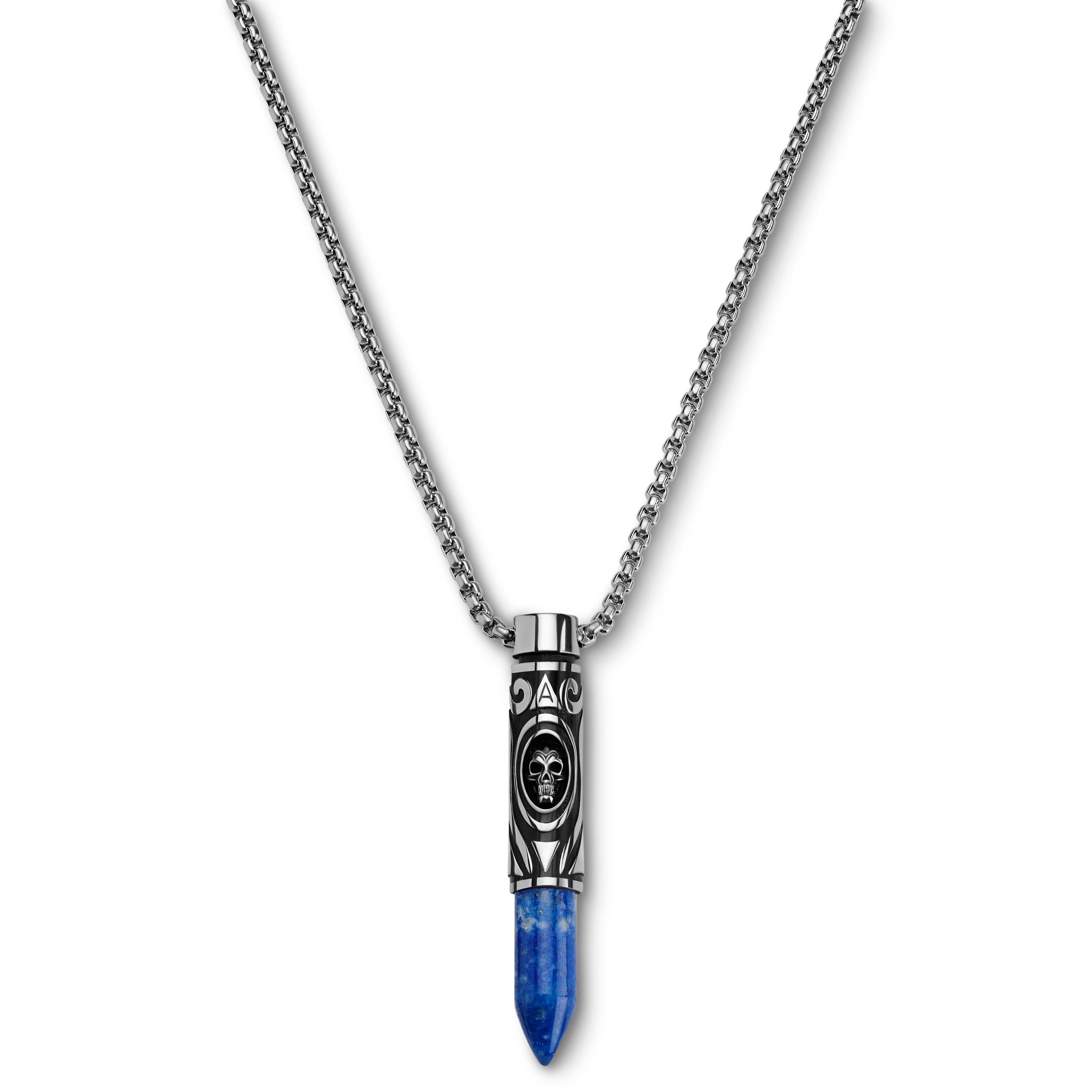 Rico | Silverfärgat Halsband med Patronhänge i Rostfritt Stål & Lapis Lazuli