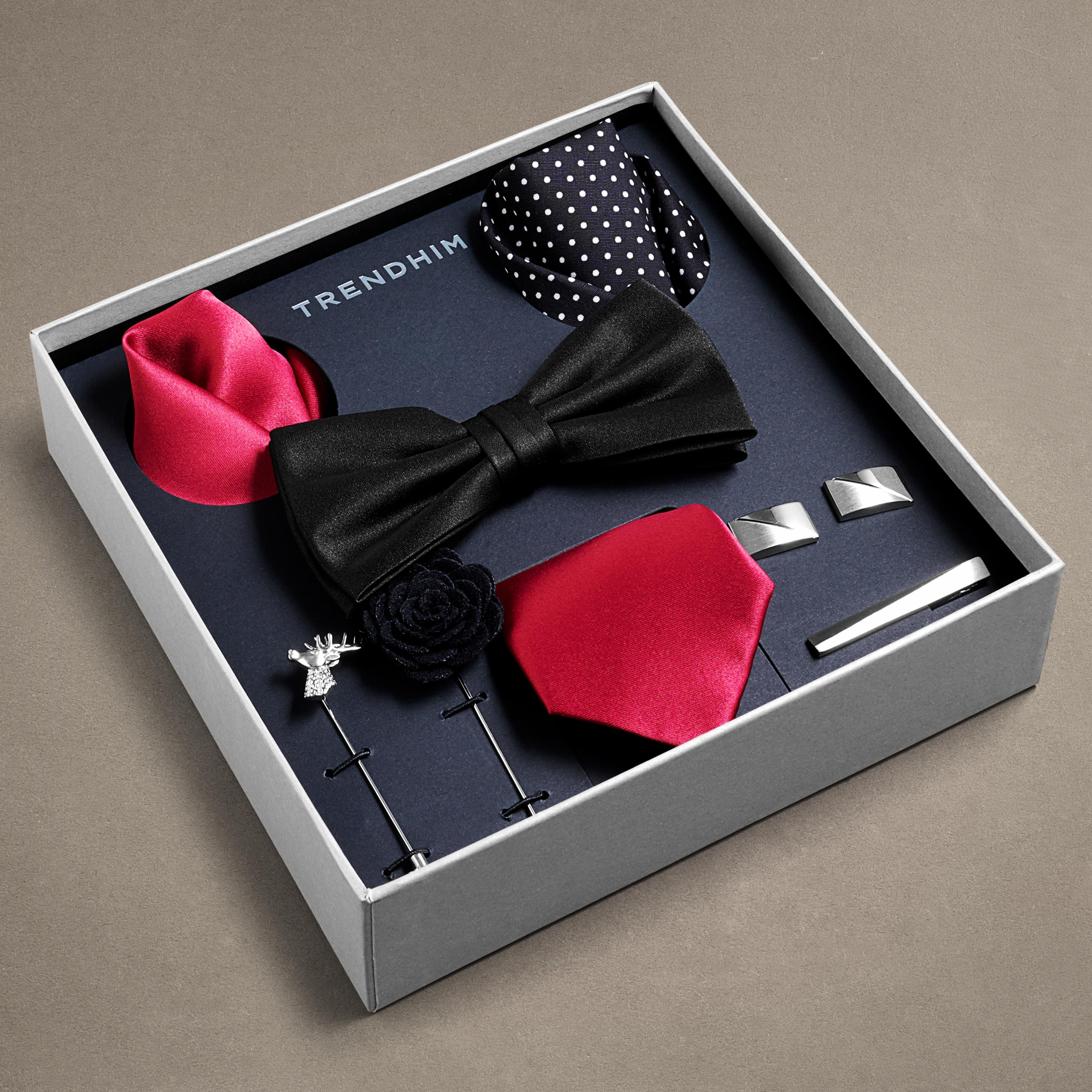 Anzug Accessoire Geschenkbox | Set in den Farben Schwarz, Burgunderrot und Silber | Auf Lager!