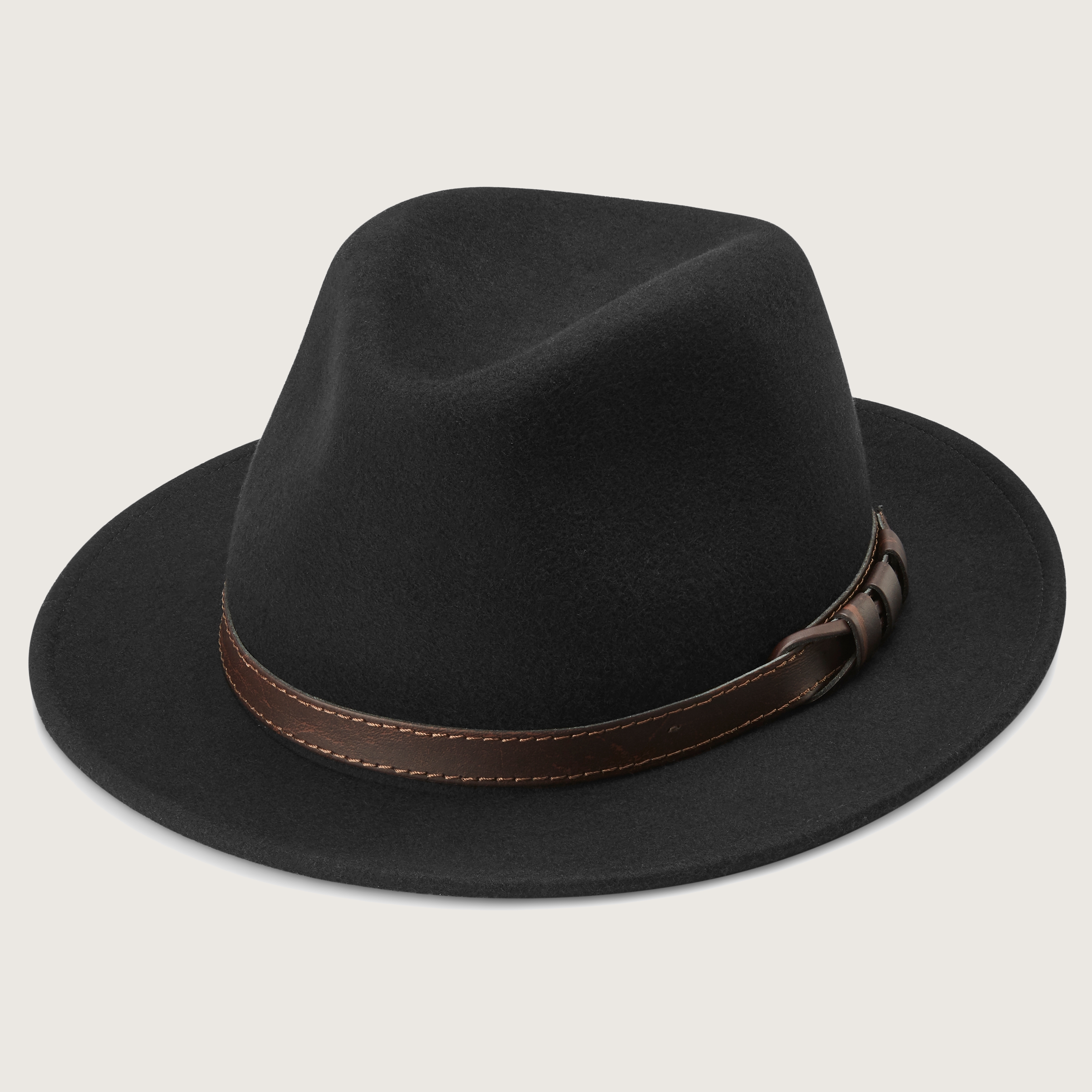 Moda | Black Flat Brim Wool Fedora Hat With Vegan Leather  display picture 2