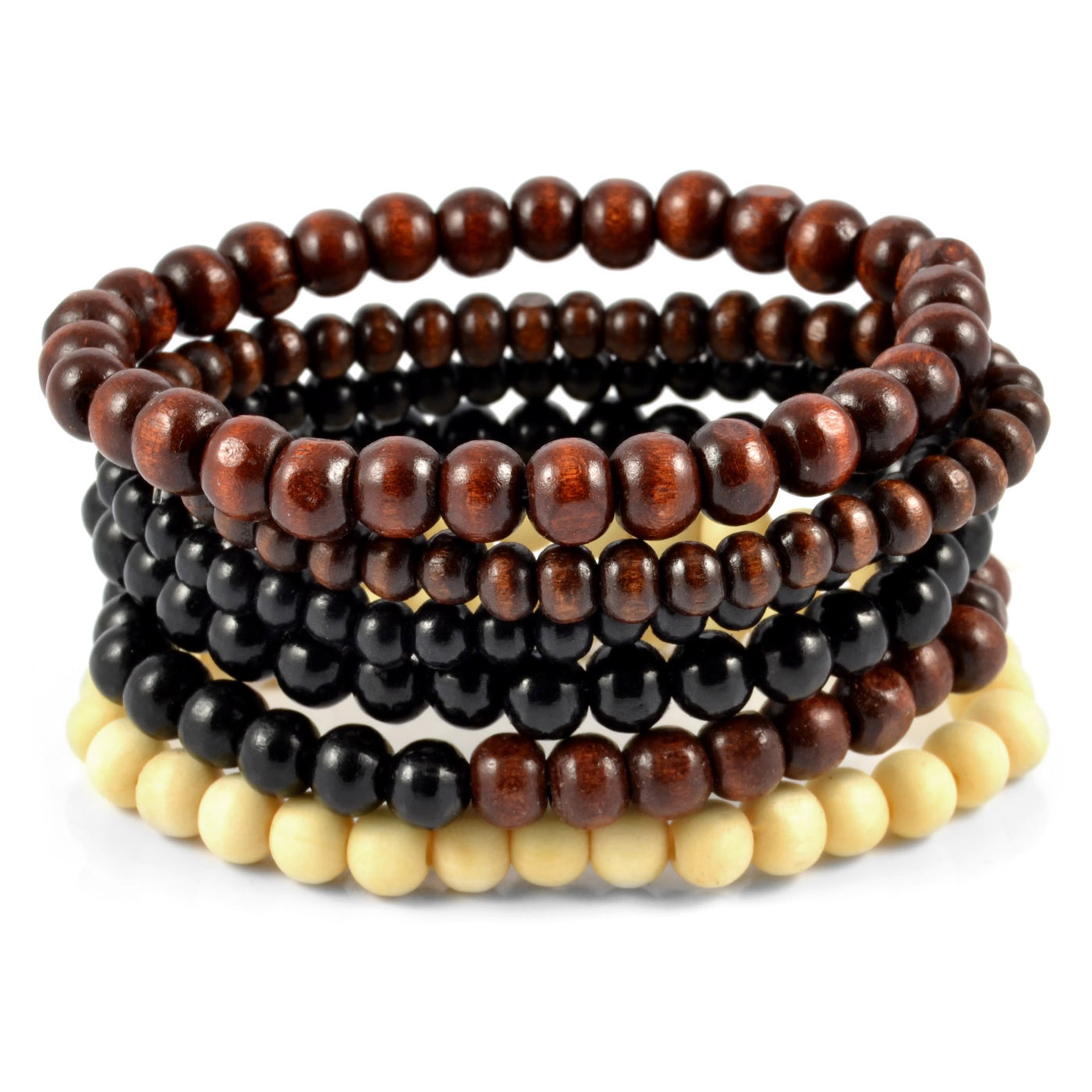 Black, Brown & Cream Natural Wooden Bracelet Set