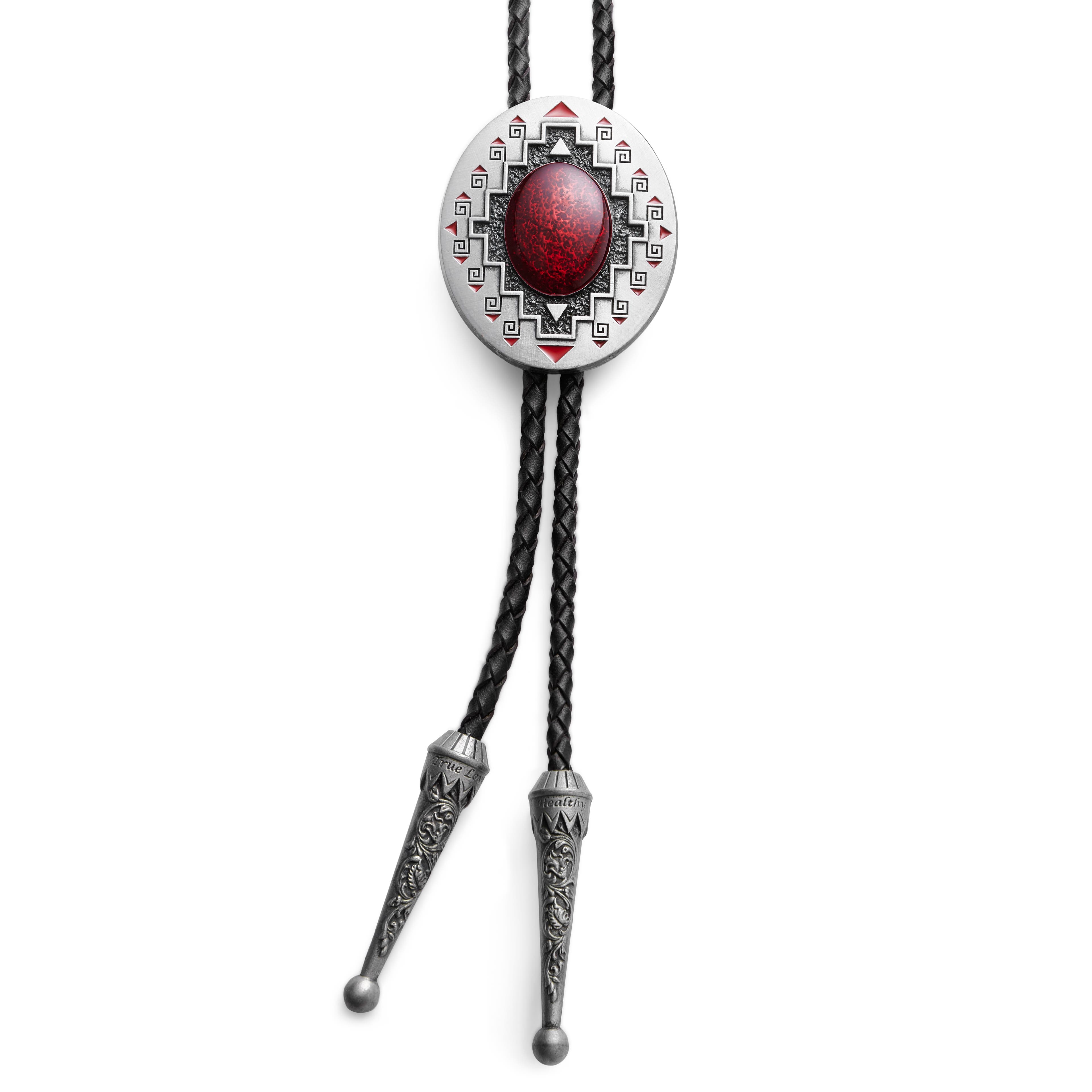 Red Stone & Metal Adjustable Braided Leather Bolo Tie