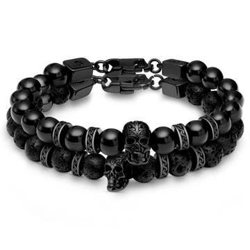 Rico | All Black Lava Rock & Onyx Skull Bracelet Set