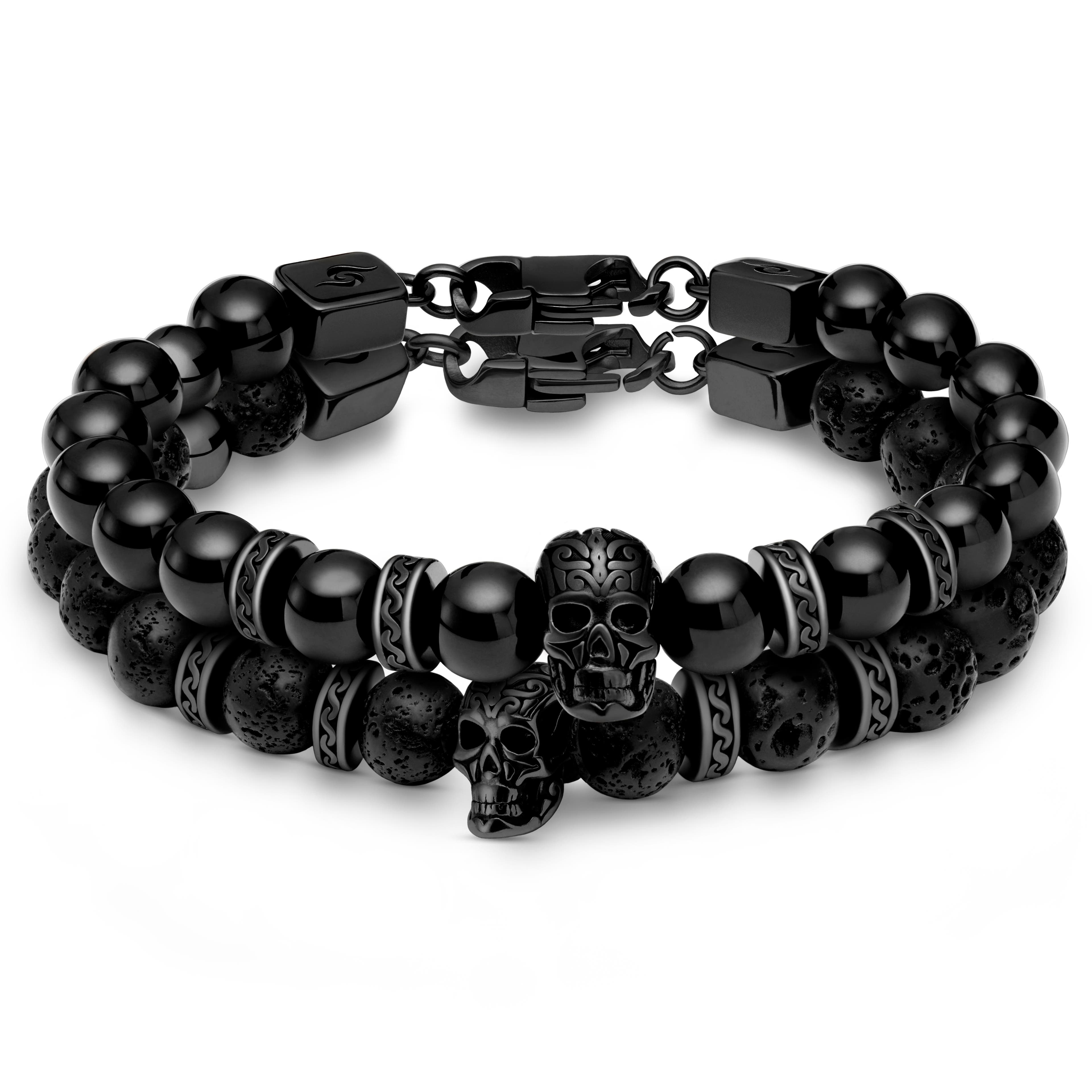 Rico | All Black Lava Rock & Onyx Skull Bracelet Set