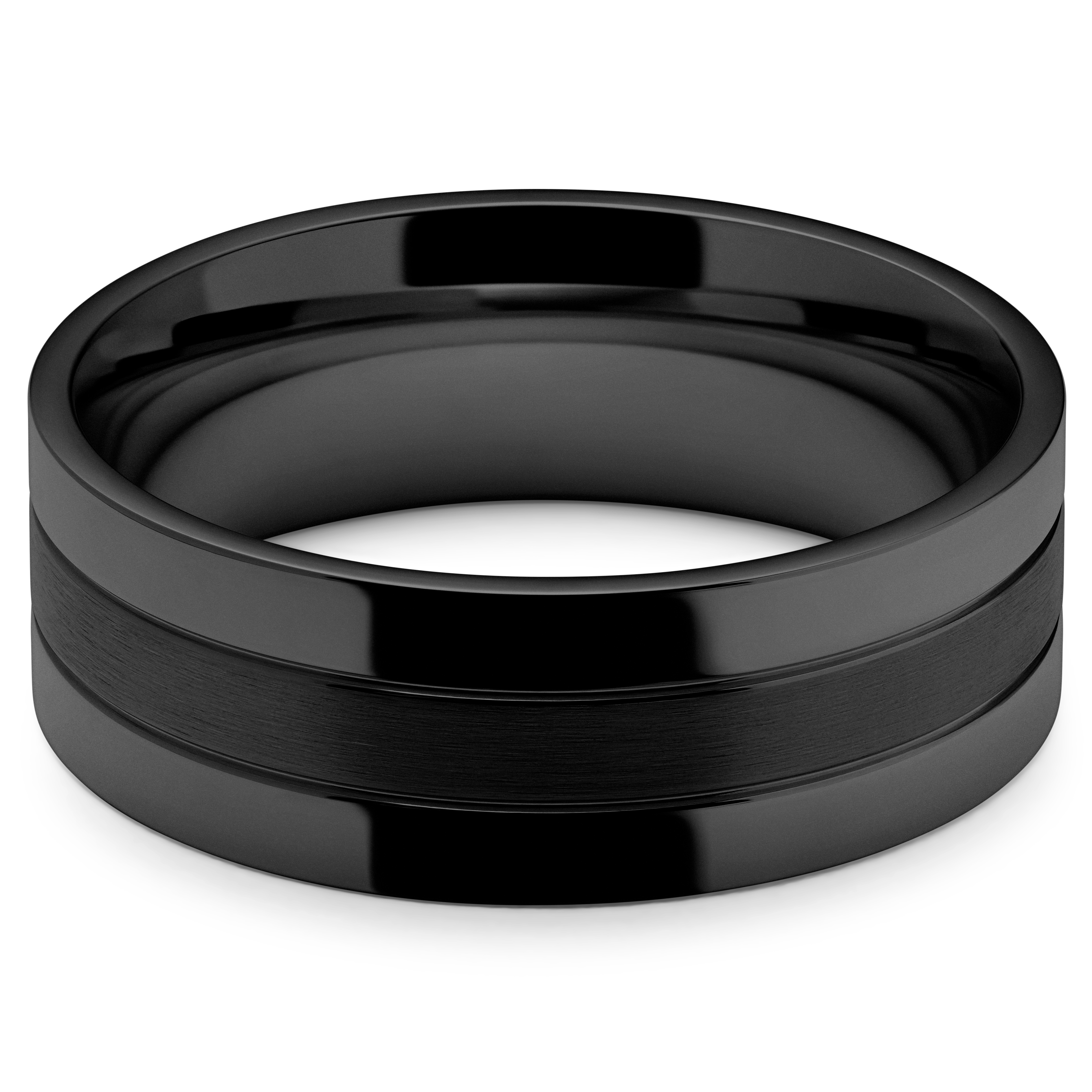 Klasický oceľový prsteň s drážkami v čiernej farbe - 2