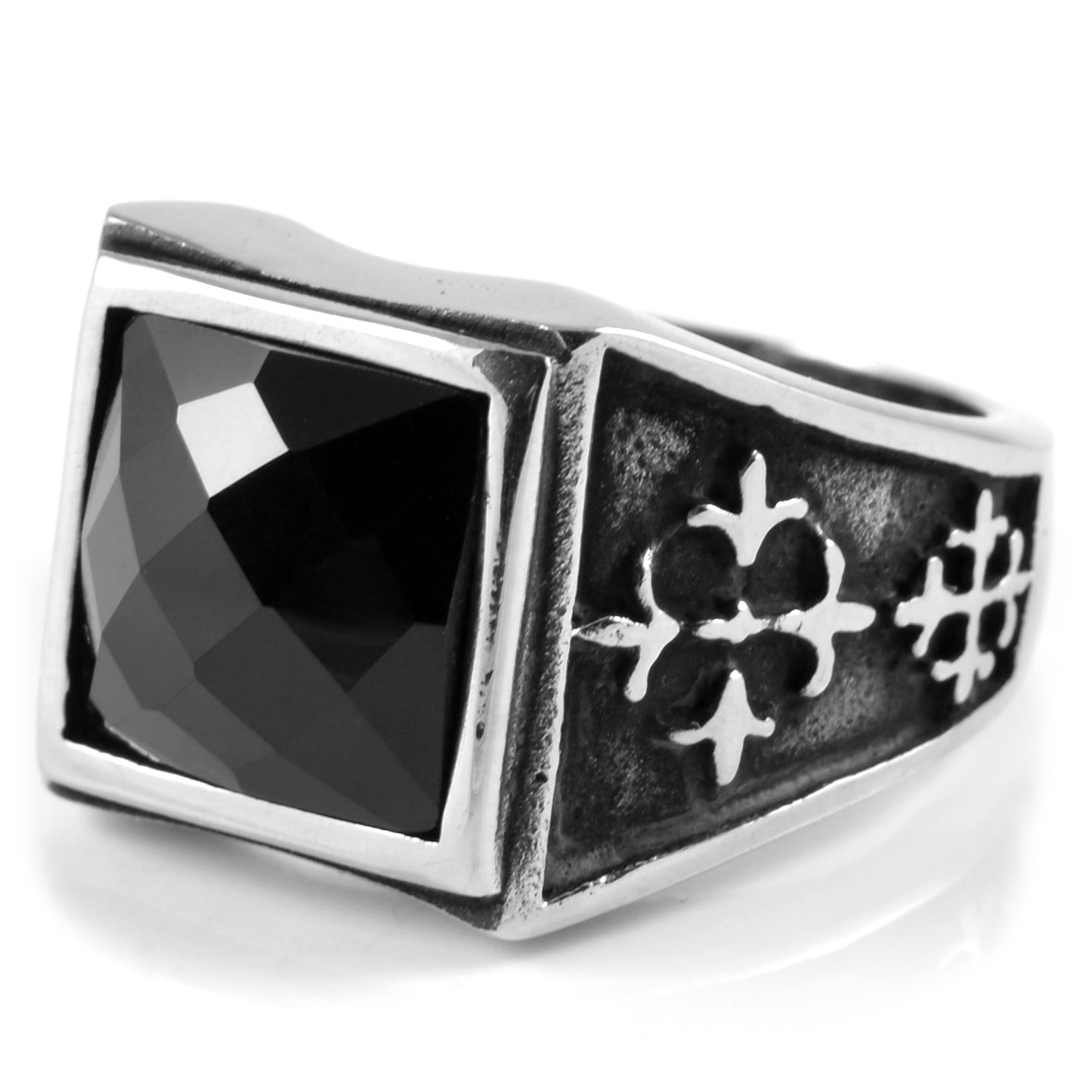 Silver-Tone & Black Stainless Steel With Black Zirconia Medieval Theme Ring
