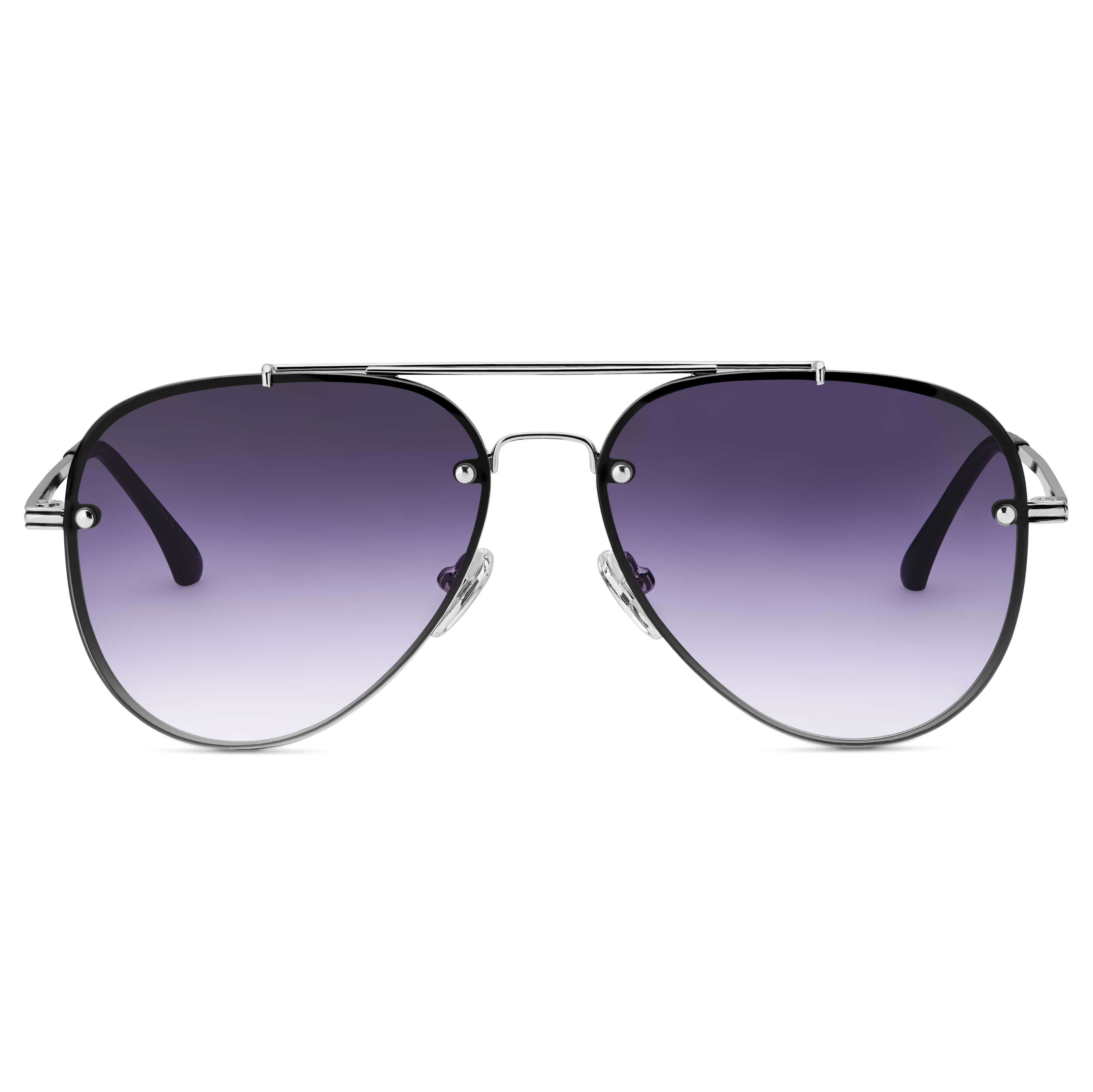 Silver-tone Smokey Black Gradient Aviator Sunglasses - 2 - hover gallery