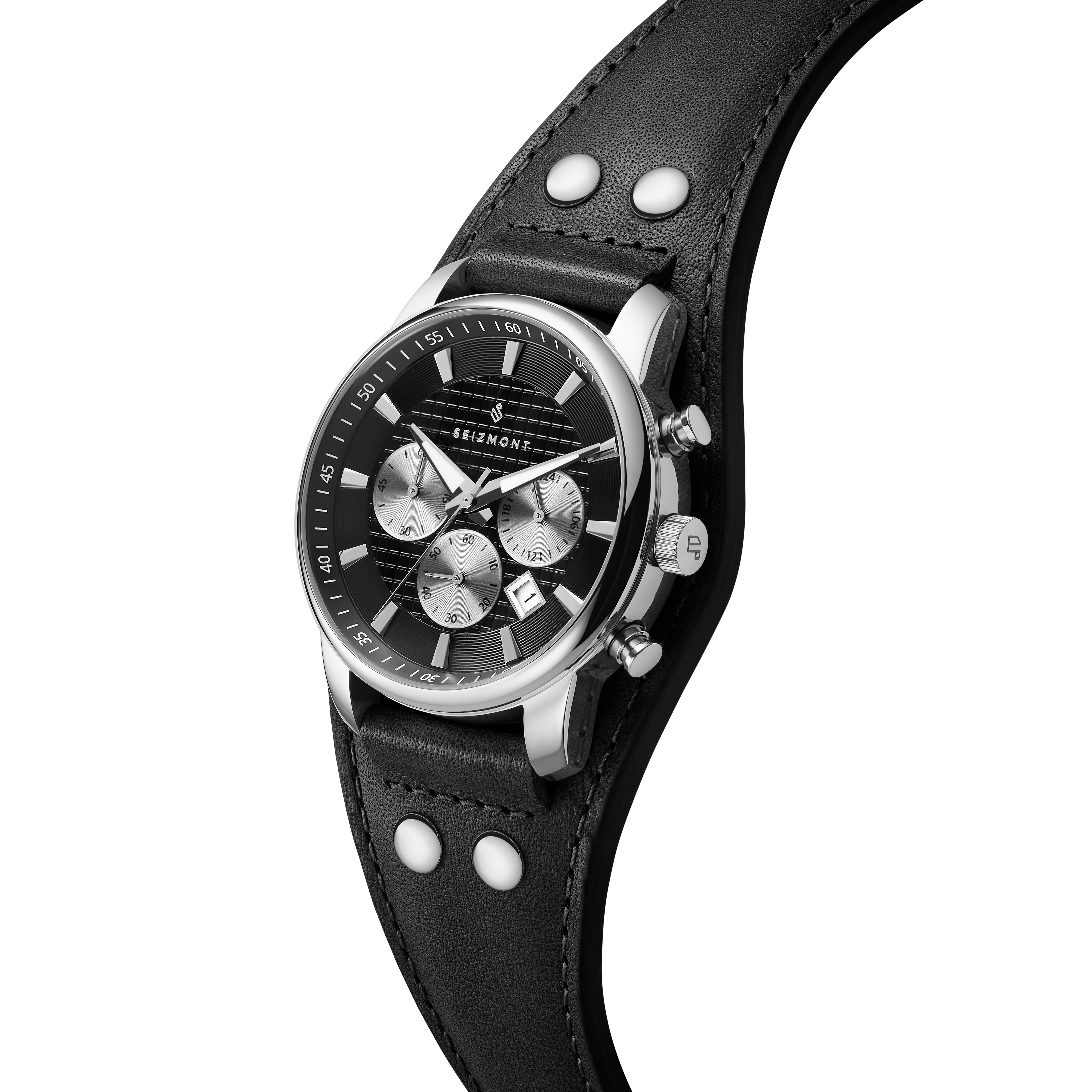 Iphios | Reloj cronógrafo de acero inoxidable con correa de cuero ancha negro - 3