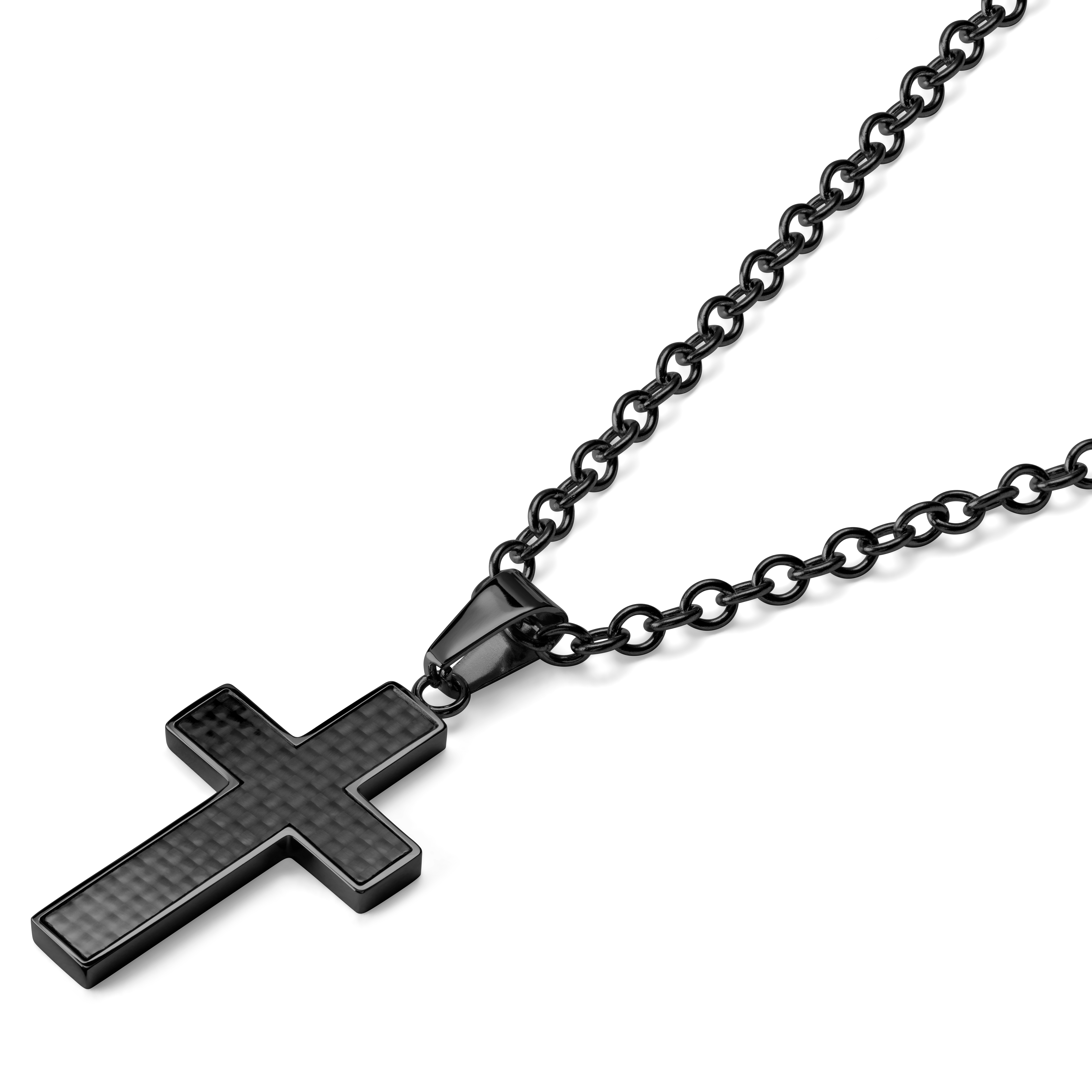 Gunmetal Stainless Steel & Black Carbon Fibre Inlay Cross Cable Chain Necklace - 2