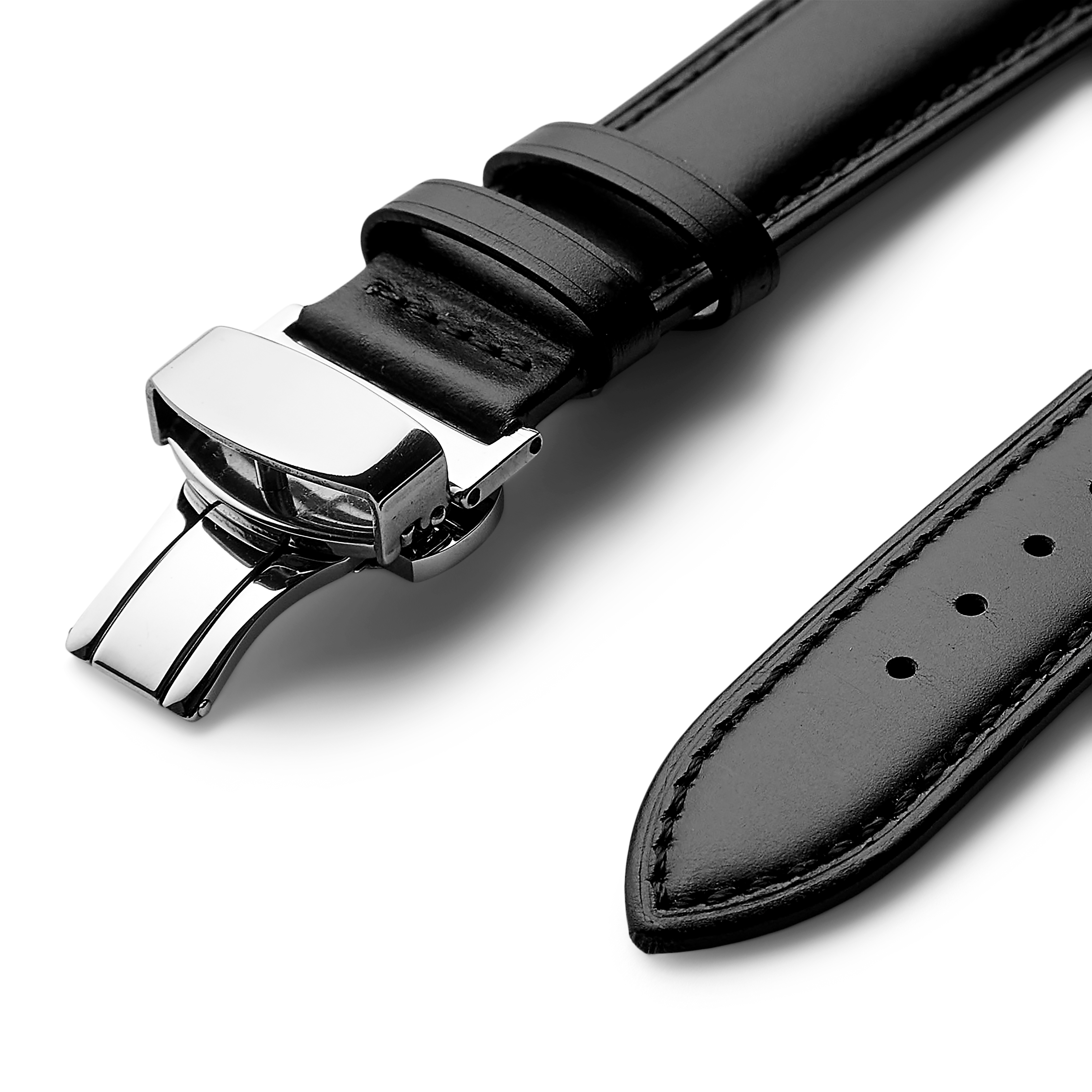 20mm Black Leather Watch Strap with Automatic Butterfly Lock – Quick Release - 3