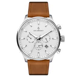 Troika II | Silver-Tone Dual-Time Watch With White Dial, Silver-Tone Markers & Brown Leather Strap