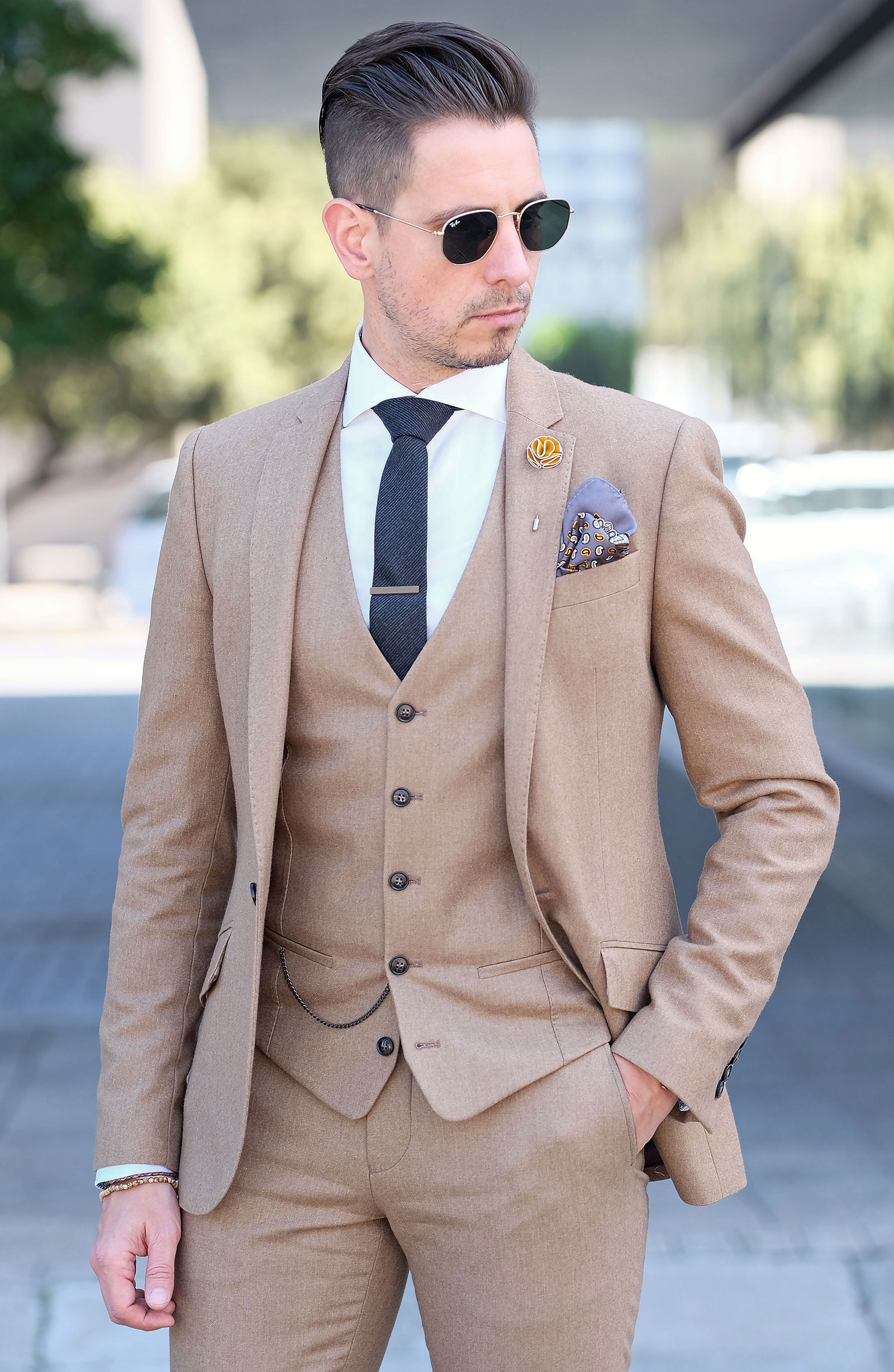 Szary wełniany krawat w paski - 5