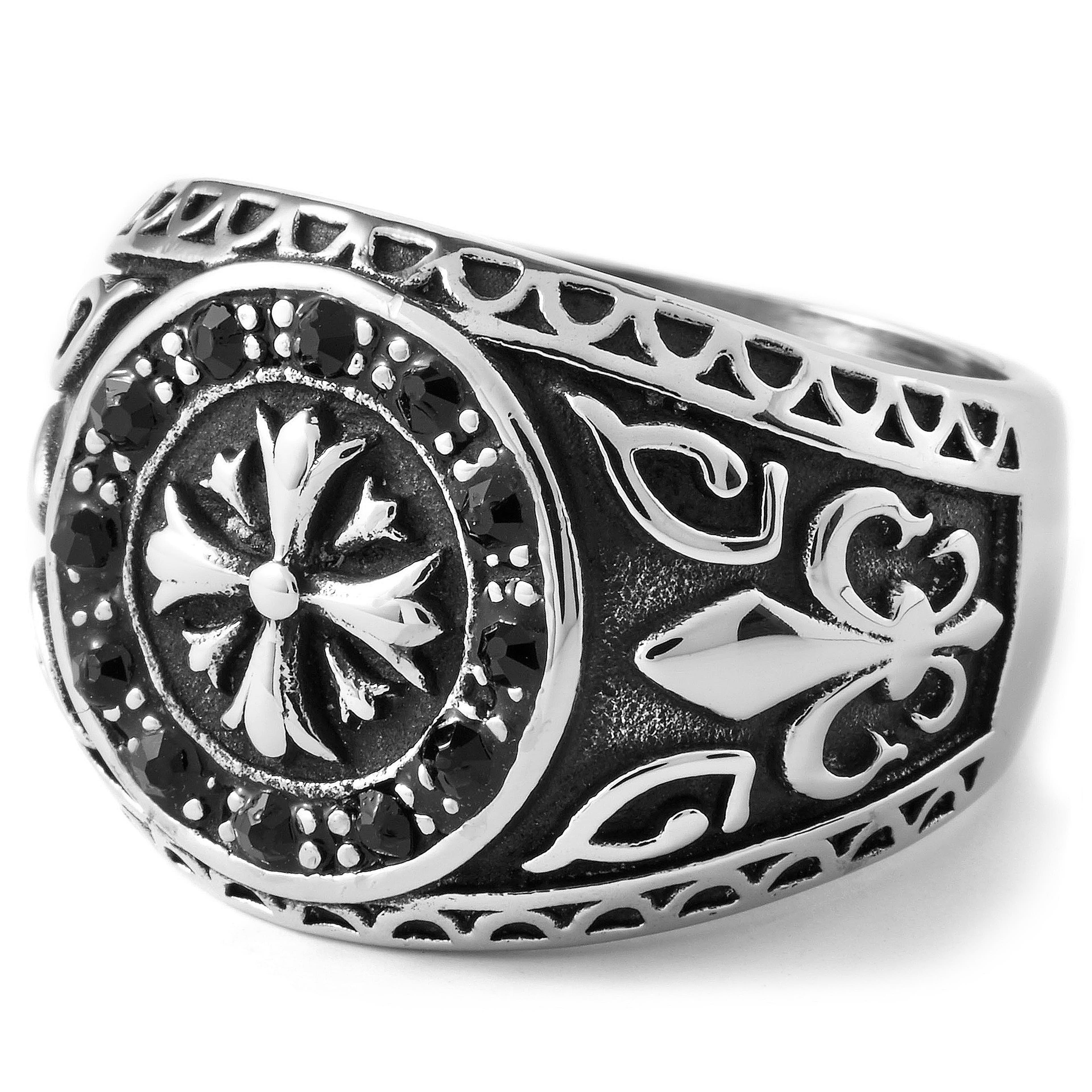 Silver-Tone Stainless Steel Templar Theme Signet Ring
