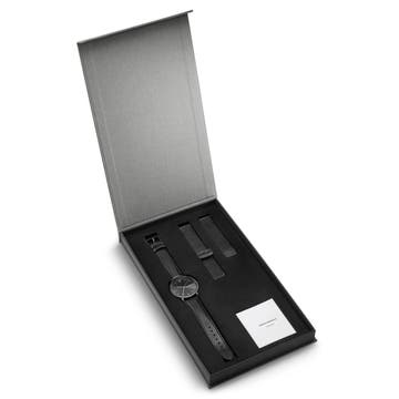 Coffret cadeau - Montre noire élégante avec bracelets en maille et en cuir Coffret cadeau - Montre noire élégante avec bracelets en maille et en cuir