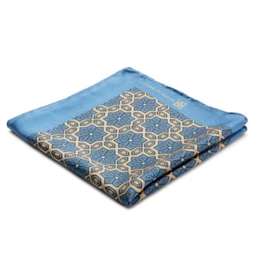 Sky Blue & Tan Patterned Silk Pocket Square