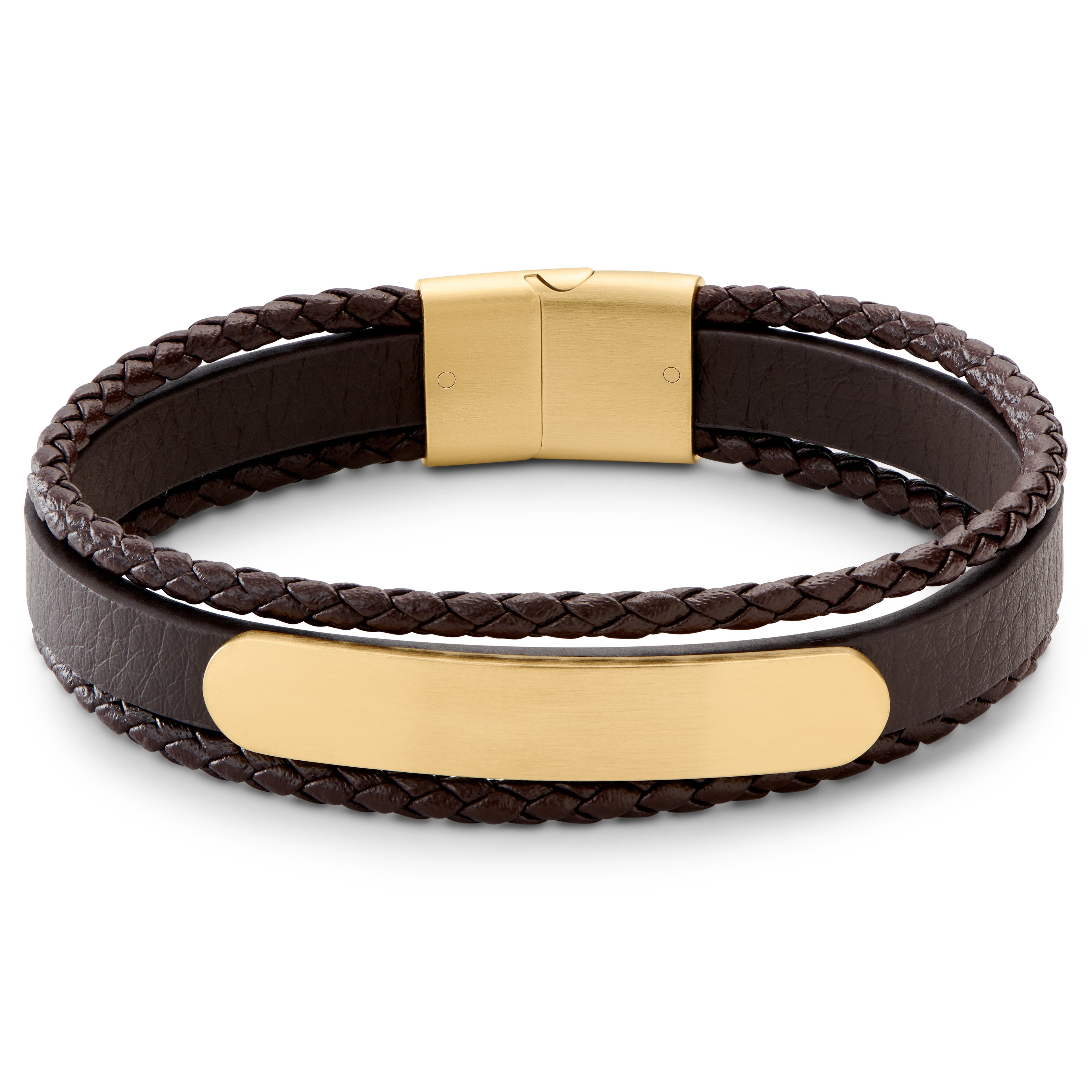 Nomen | Guldfärgat och Brunt Trippelarmband med Bolovävt Armband och ID-armband