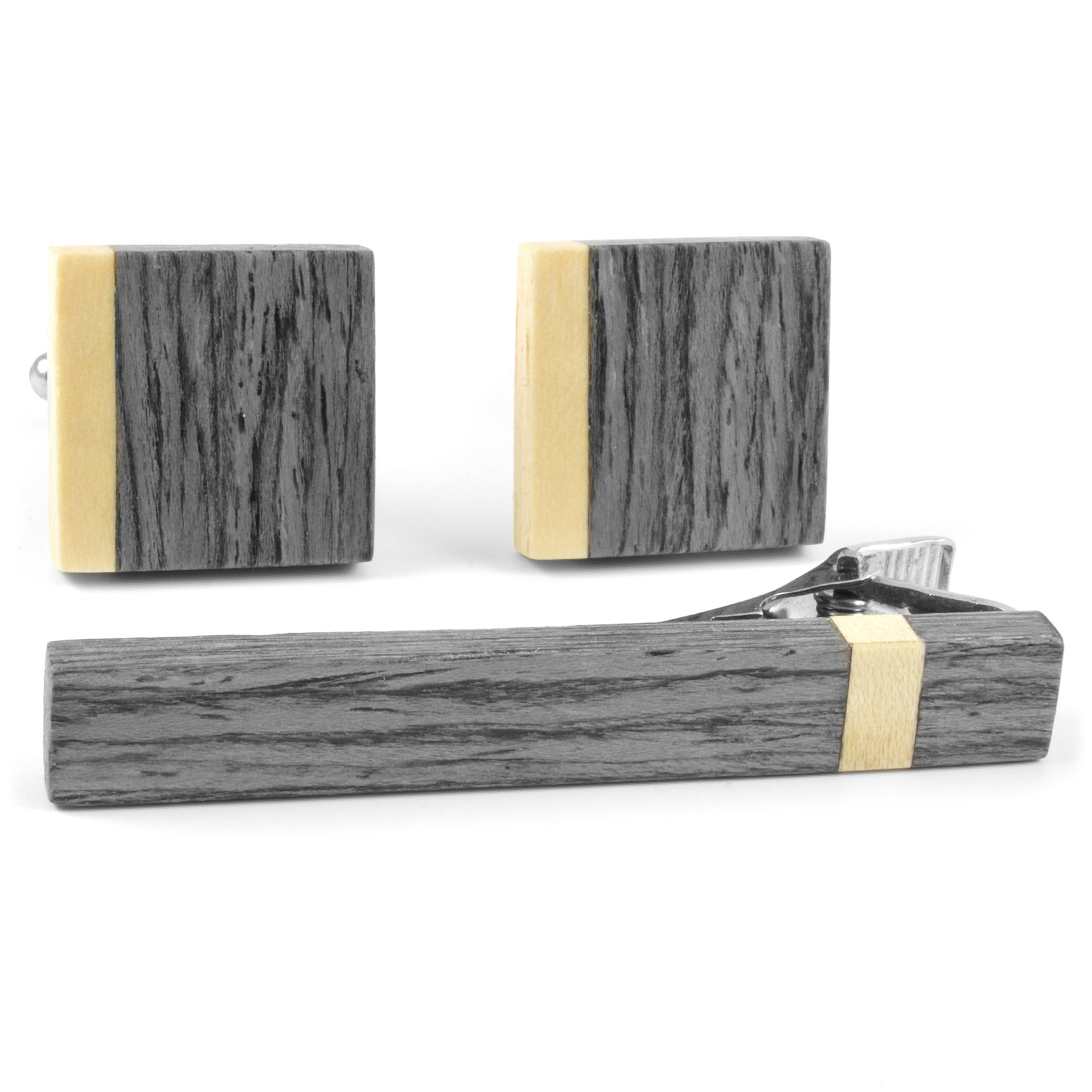 Grauer Eichenholz Set aus Krawattenspange und Manschettenknöpfen - 1