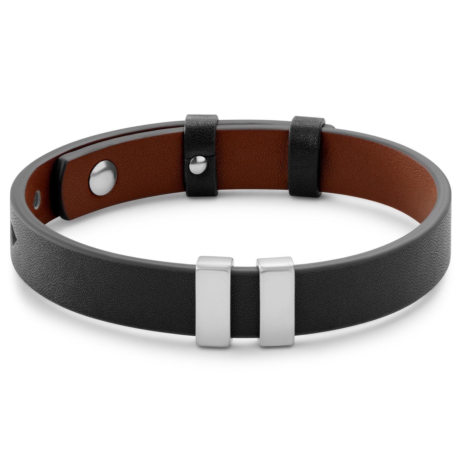 Nomen | Pulsera con placas de identificación plateadas en cuero marrón y negro Nomen | Pulsera con placas de identificación plateadas en cuero marrón y negro