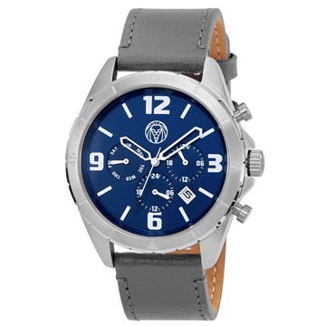 Alton | Silver-Tone Chronograph Watch With Blue Dial & Dark Grey Leather Strap
