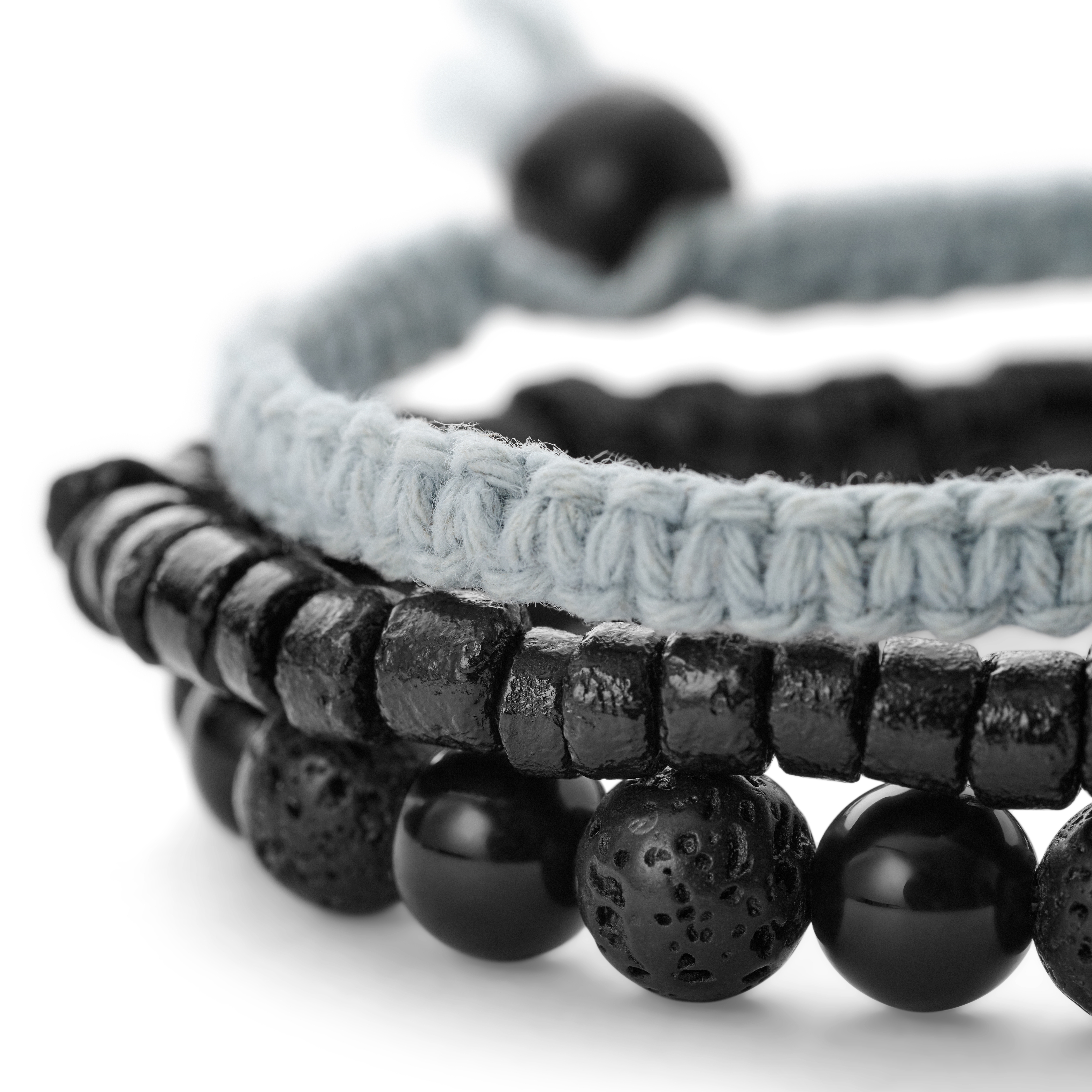 Schwarz & Grau Lava Rock, Onyx, Kokosnuss- und chirurgisches Stahl-Armband-Set - 5
