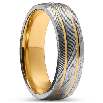 Fortis | 7 mm Gold-Tone & Silver-Tone Damascus Steel With Titanium Inlay Double Grooved Ring