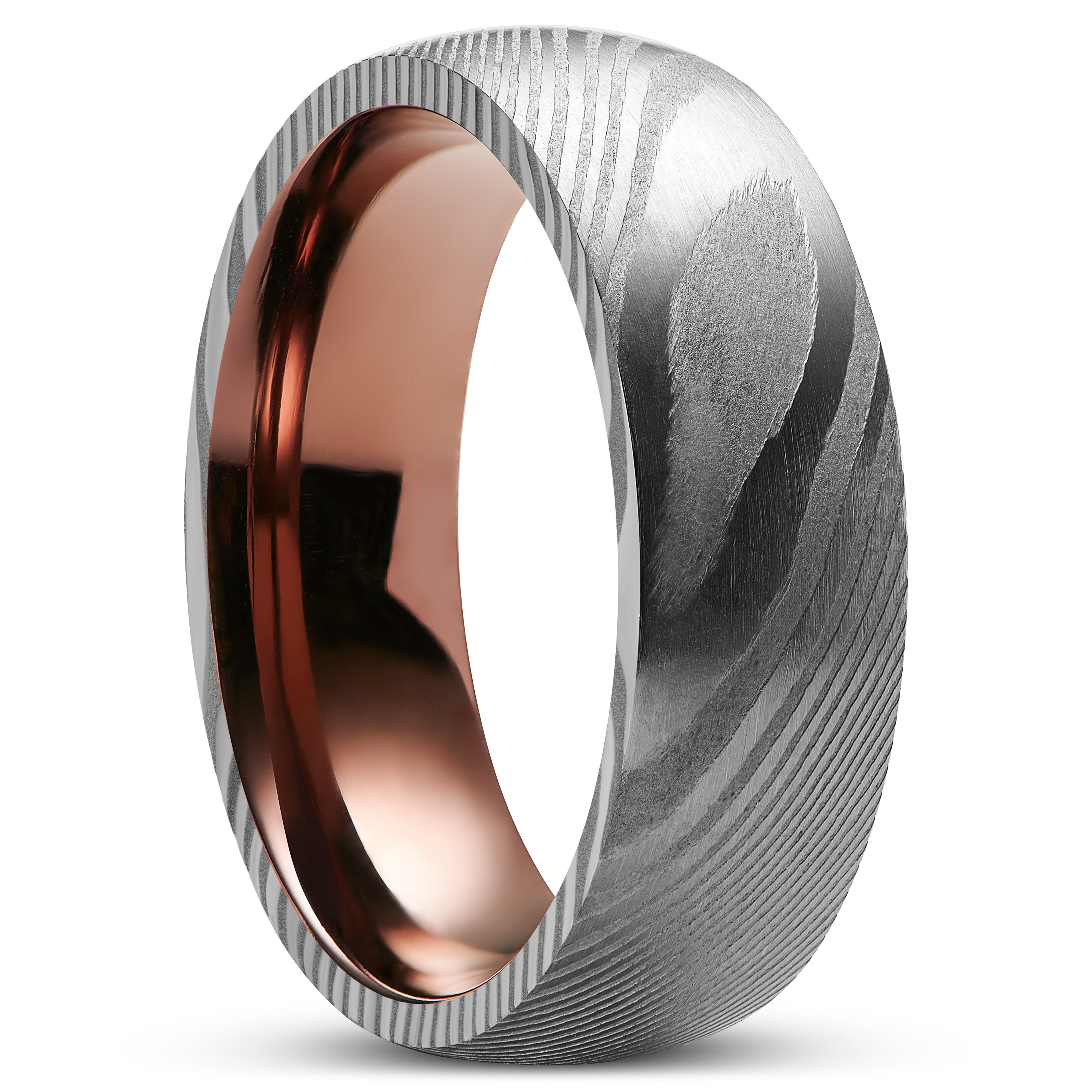 Fortis | 7 mm Silver-Tone Damascus Steel With Rust Titanium Inlay Ring
