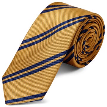 Corbata de 6 cm de seda dorada con rayas dobles azul marino
