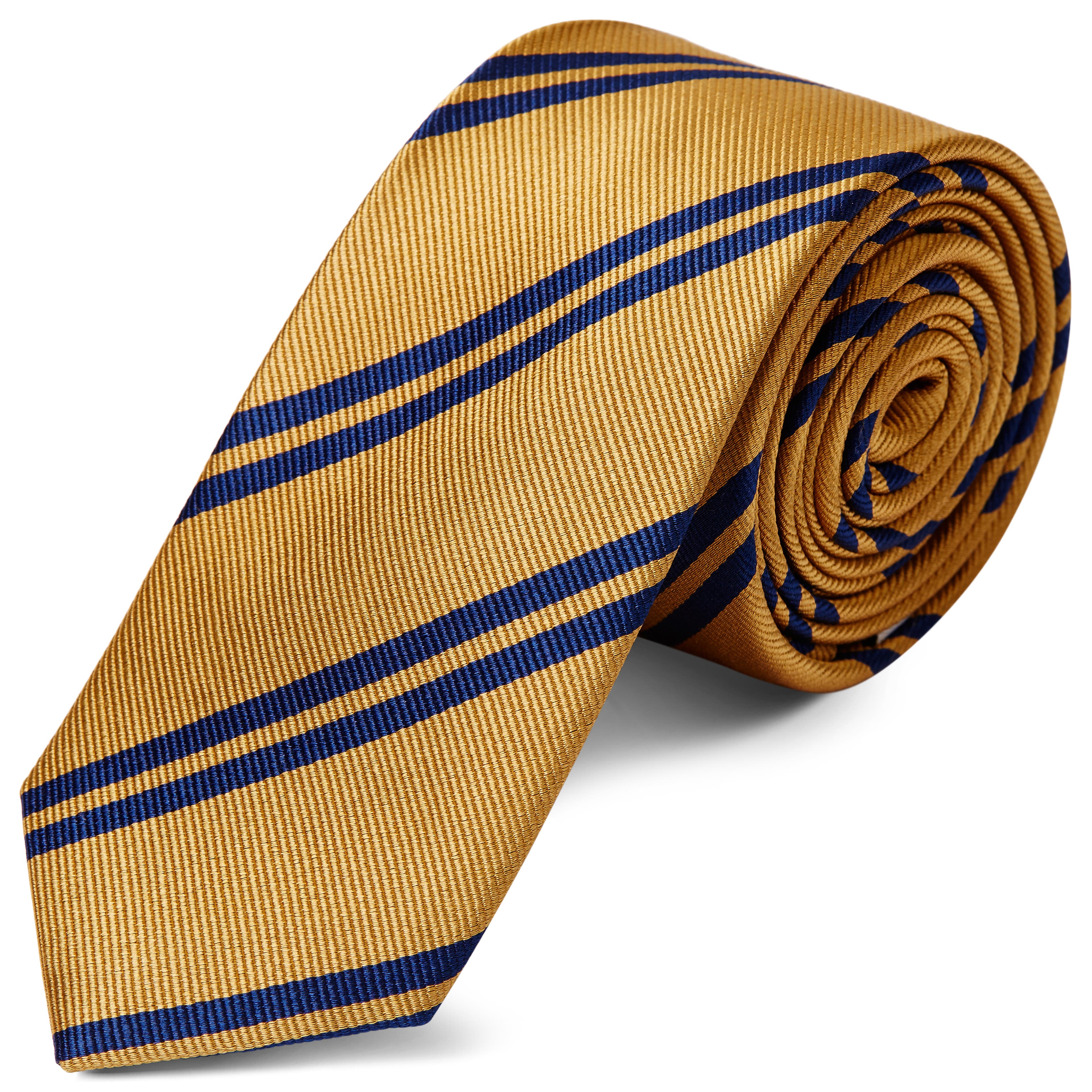 Gravata em Seda Dourada com Risca Dupla Azul Escura de 6 cm